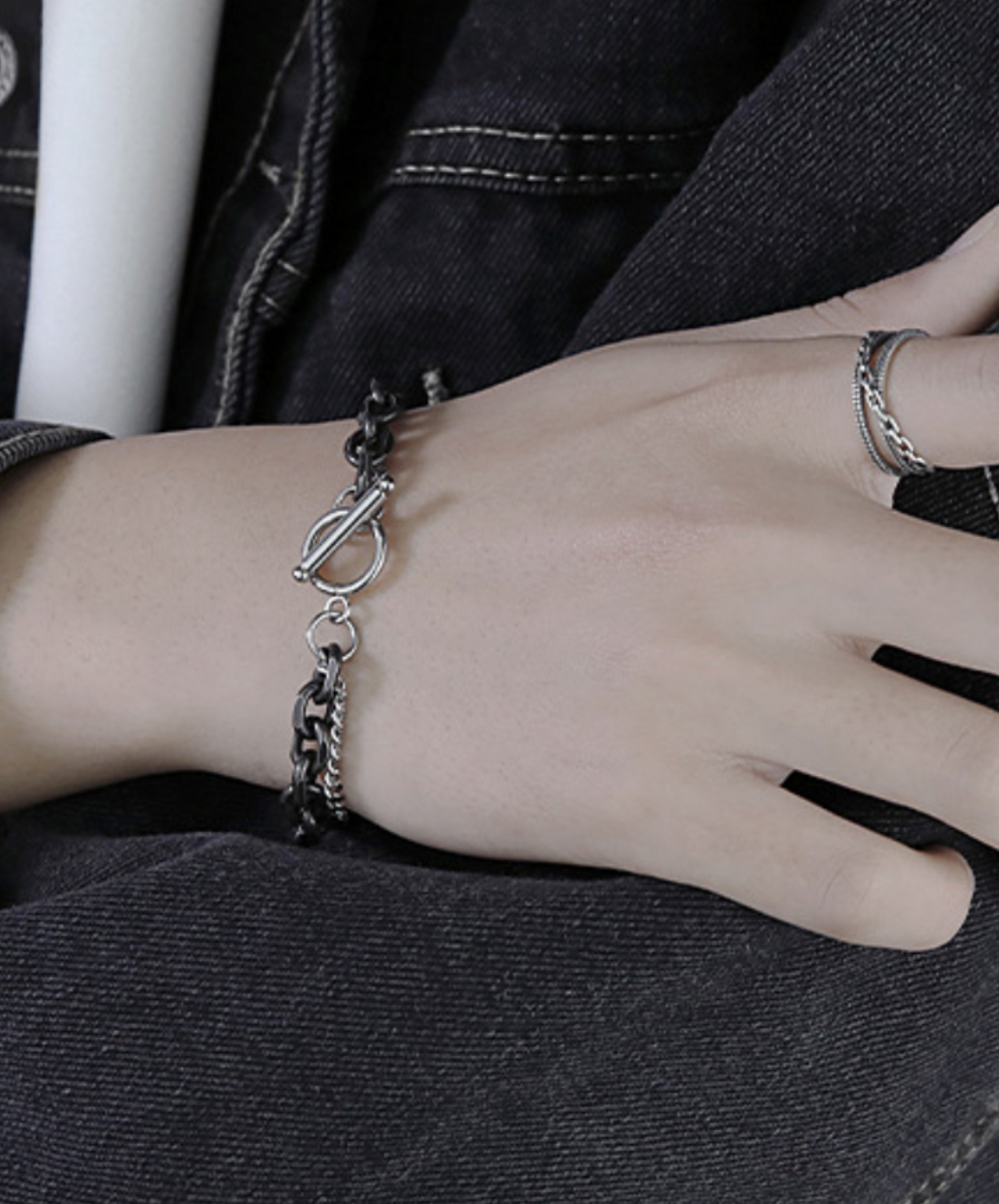black & silver 2 types chain bracelet EN1595