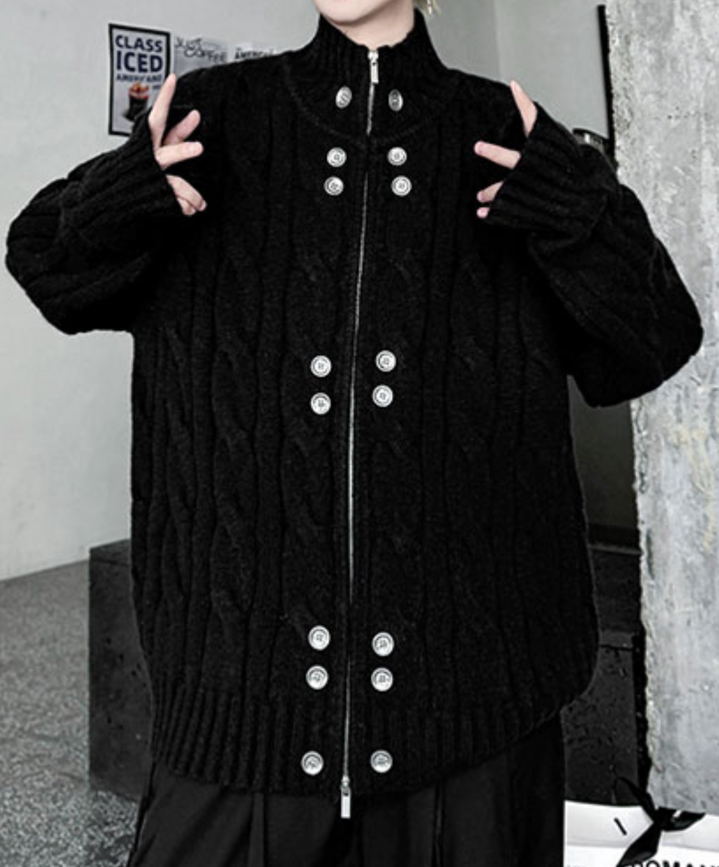 button design stand collar loose sweater EN2475