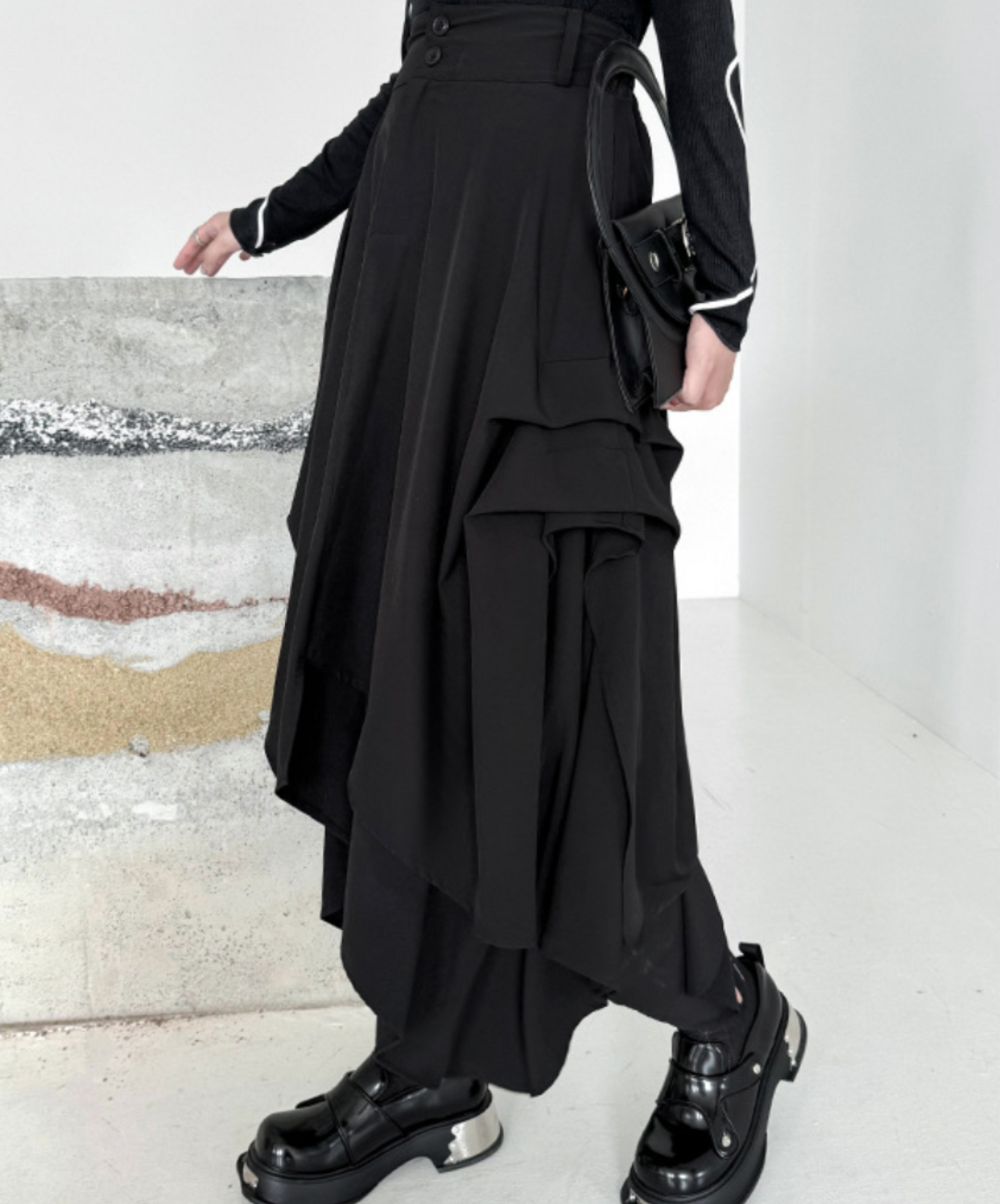 dark asymmetric drape buttons skirt EN2330