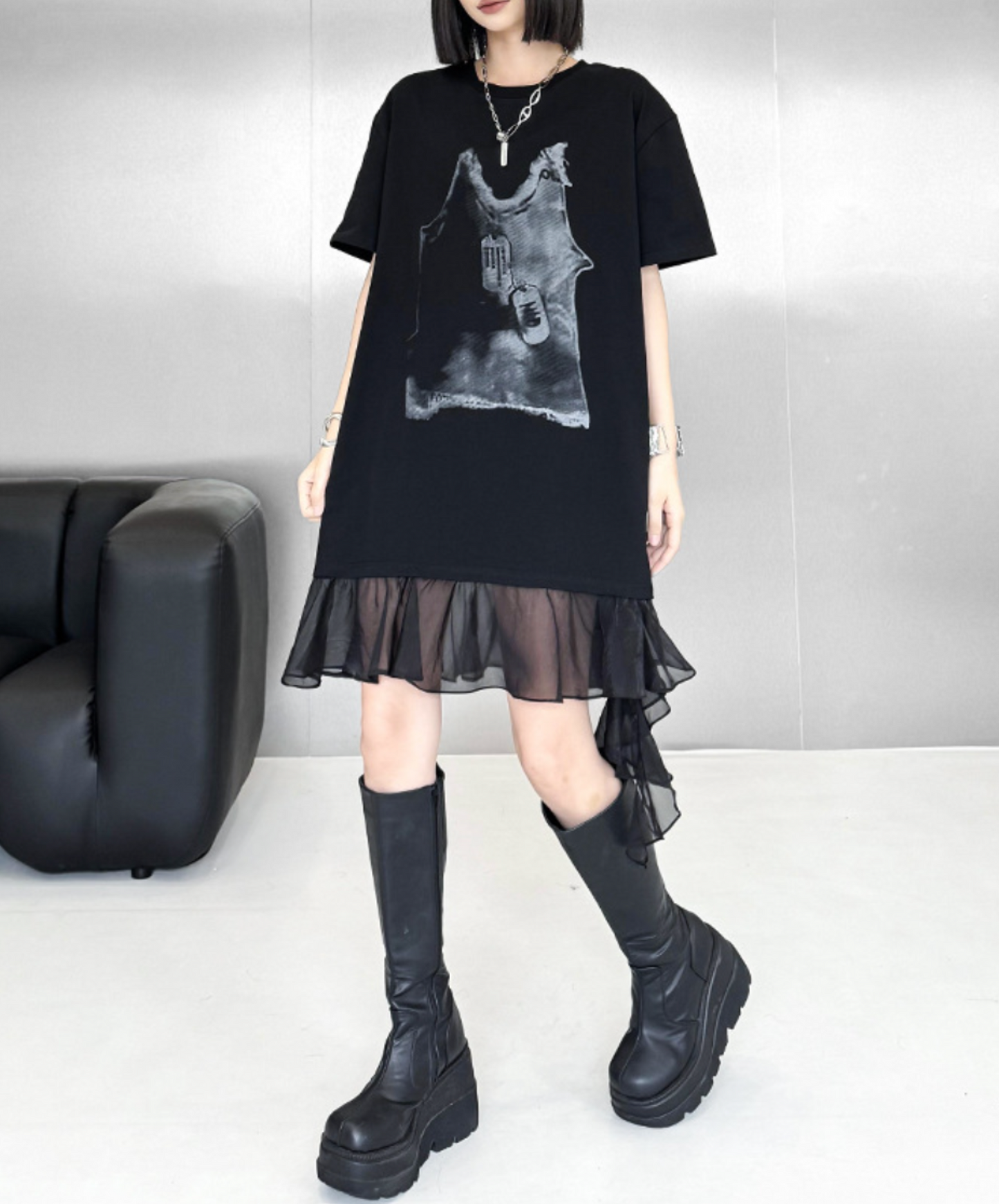 tulle ribbon print at hem t-shirt EN2307