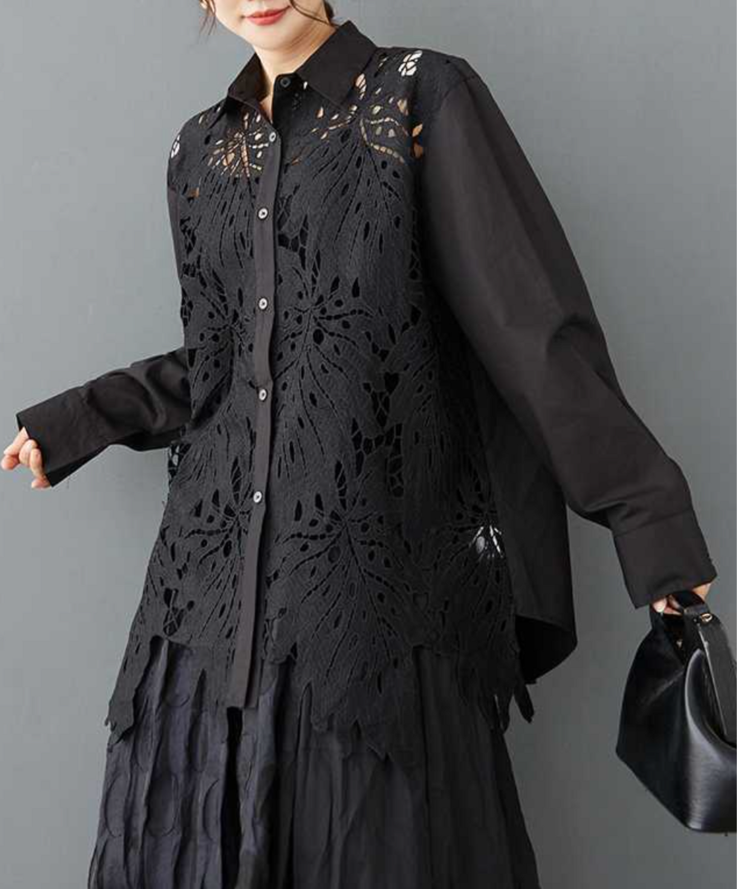 random leaf motif lace sheer shirt EN2295