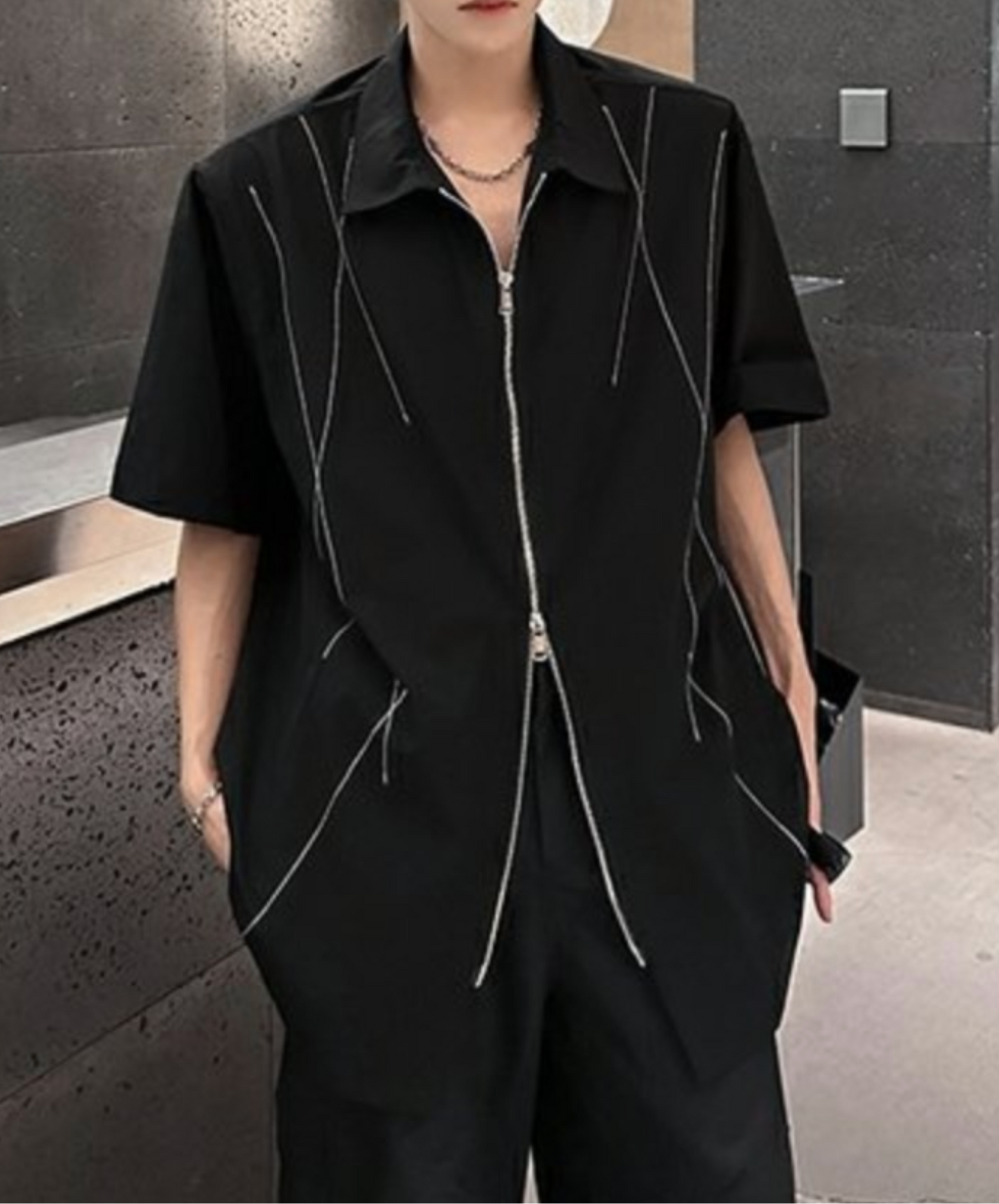 dark white line double zipper shirt EN2078