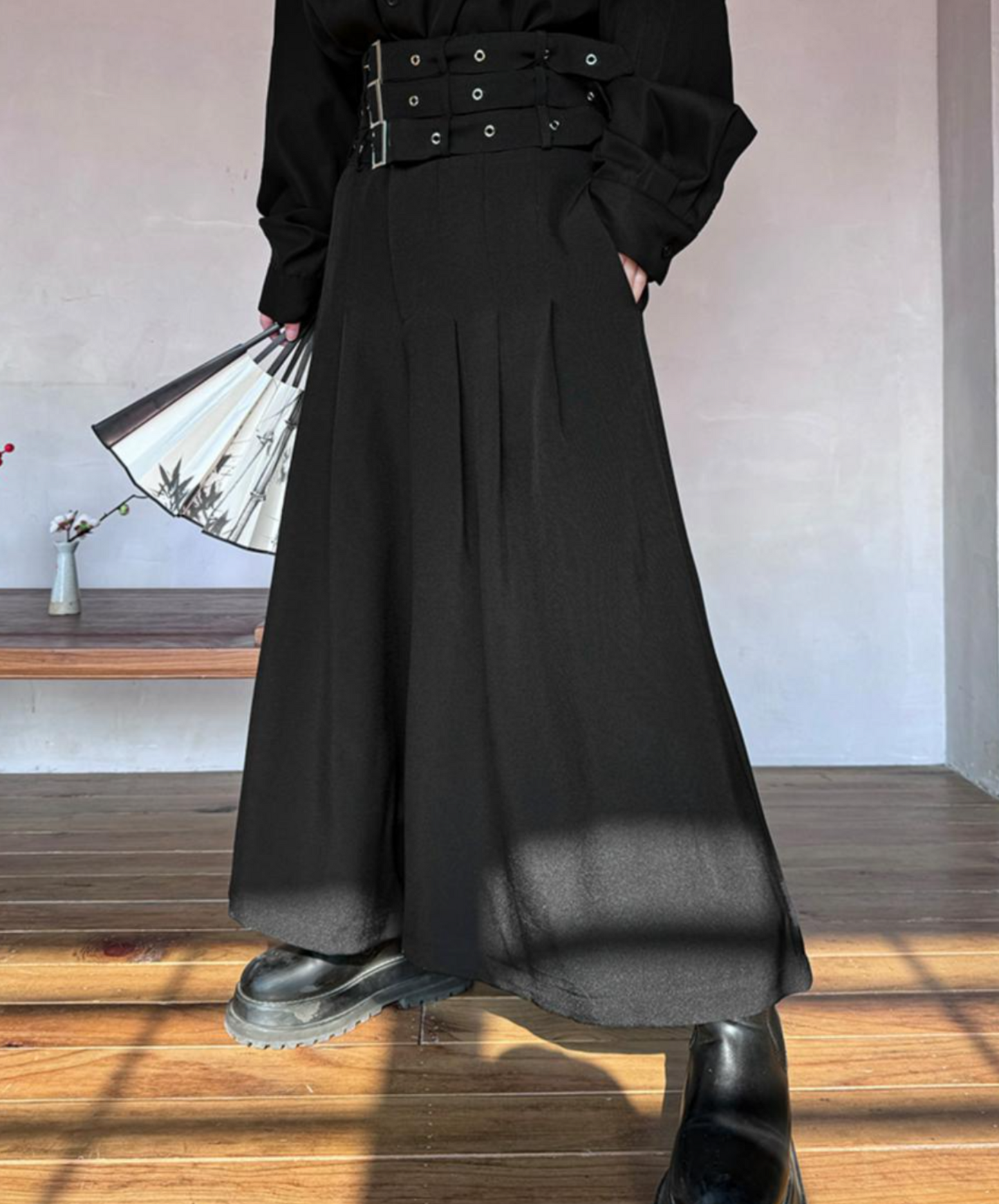 wide leg with three-stage belt long pants EN1526