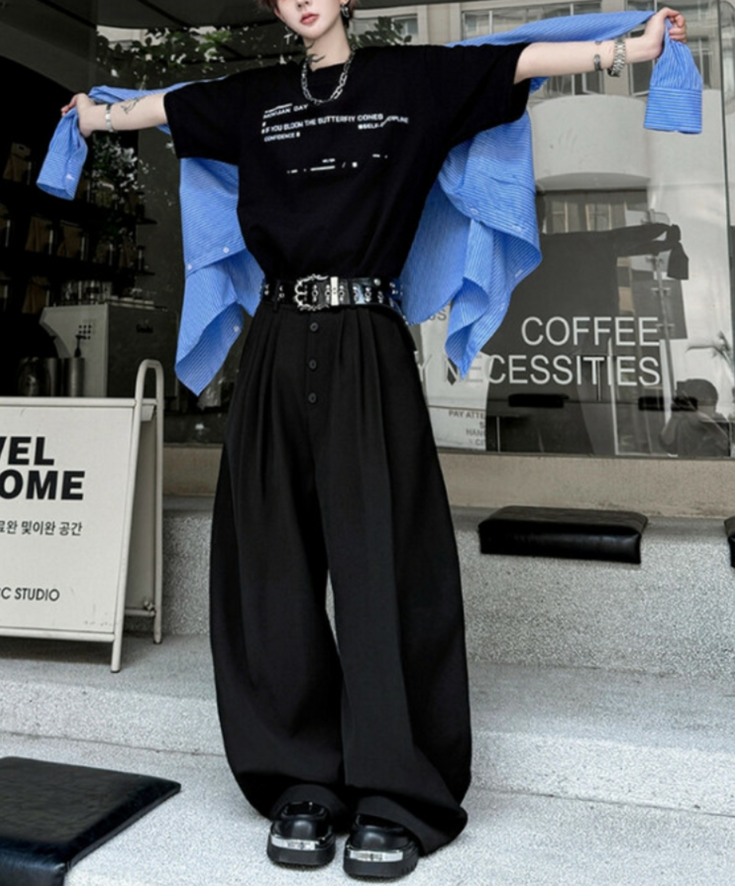 casual button design wide pants EN2338