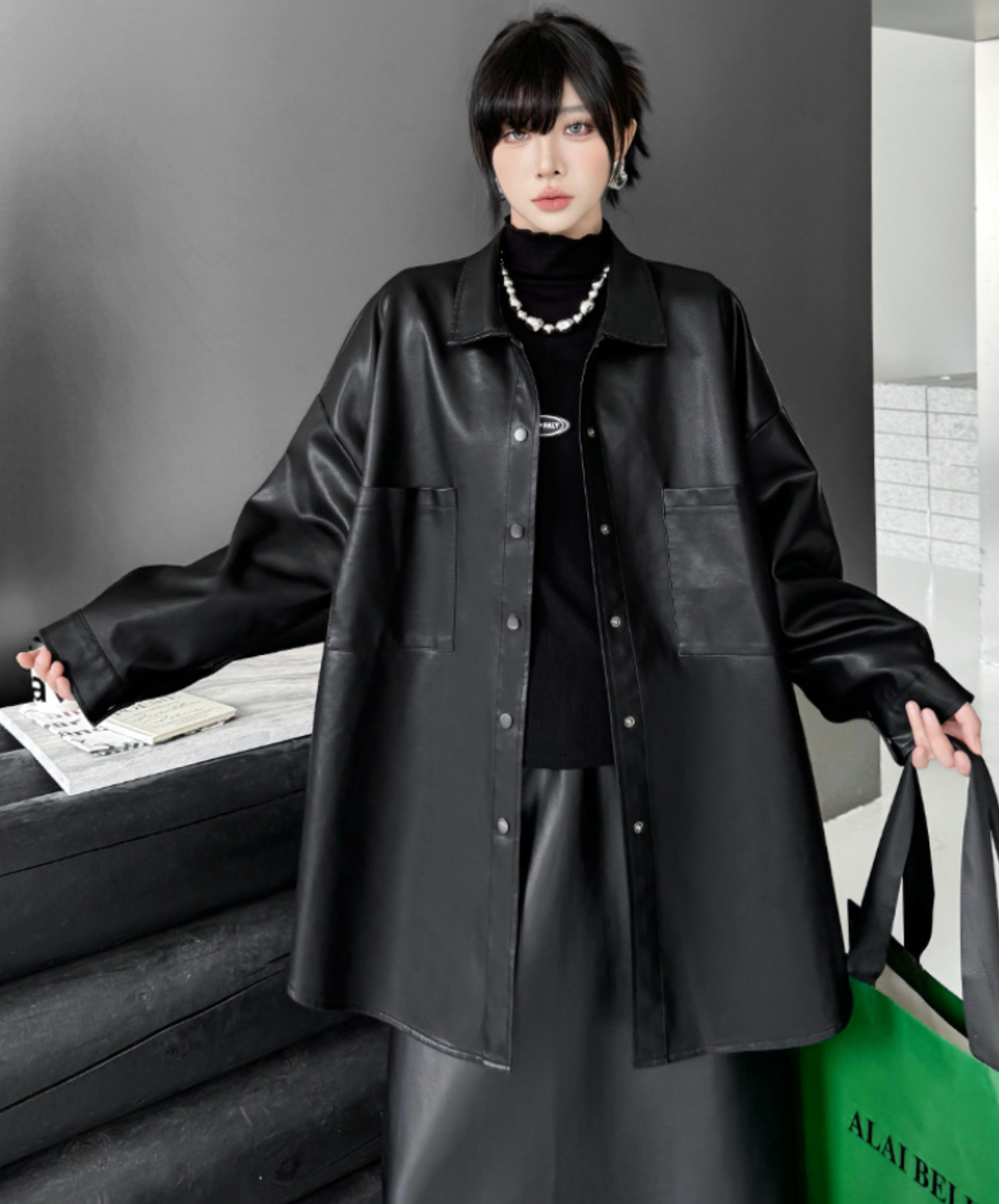 pu leather loose shirt EN2467