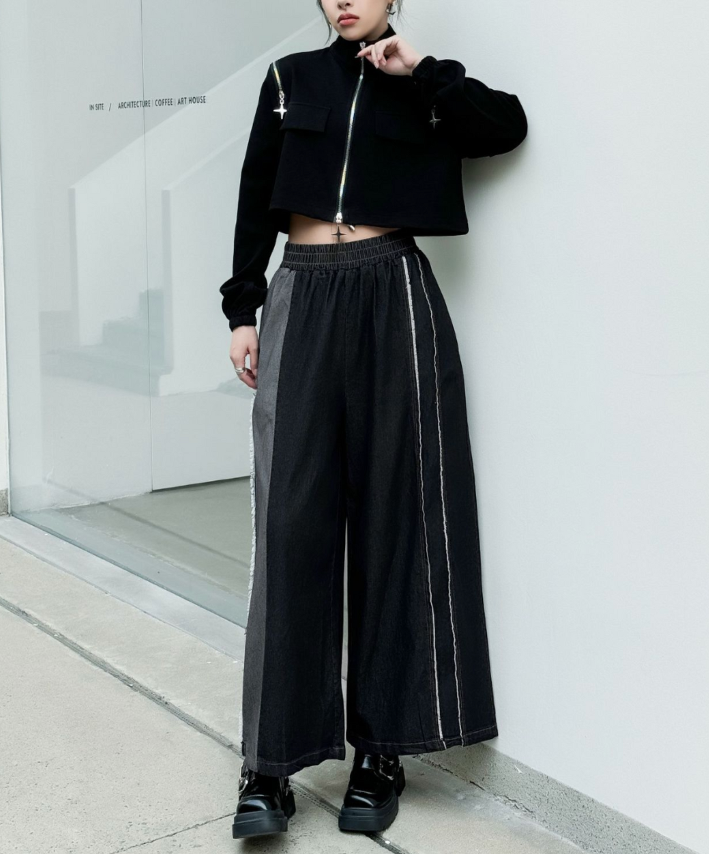 double white & fringe line wide pants EN2305