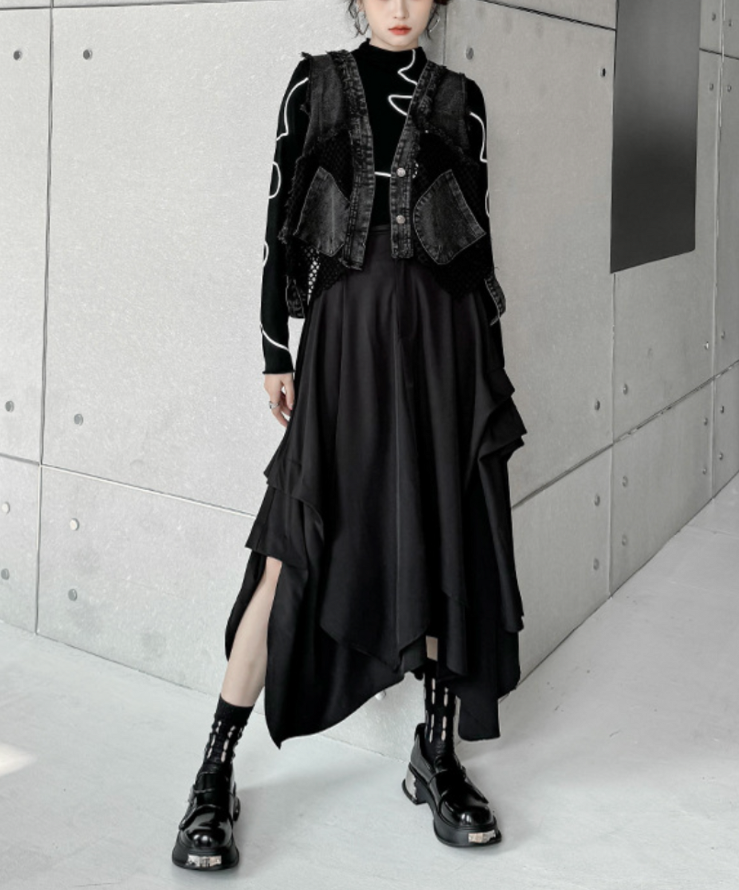 dark asymmetric drape buttons skirt EN2330