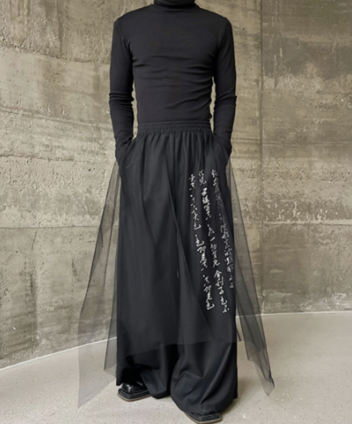dark calligraphy layered mesh wide pants EN1167