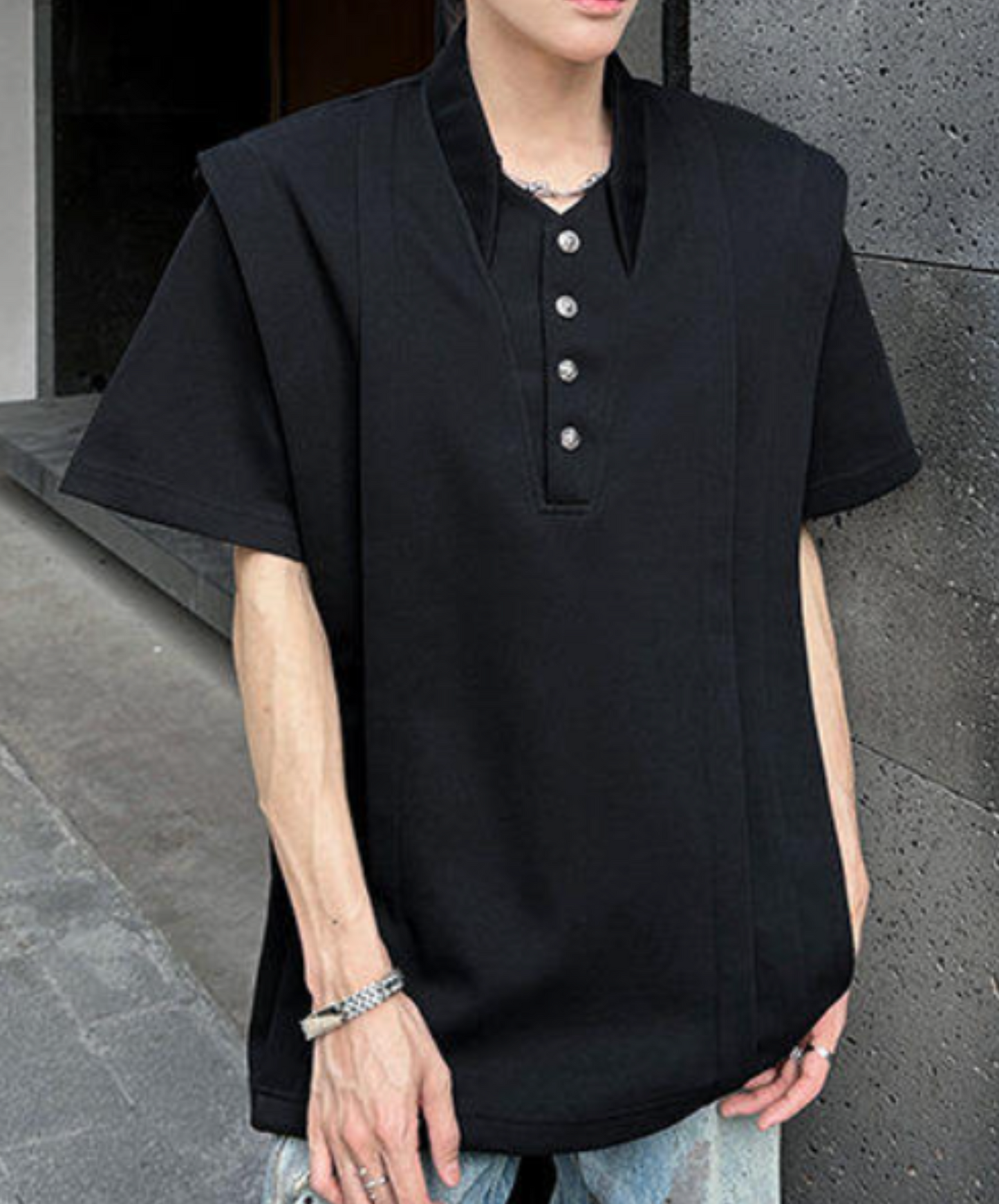 v-neck stand-up collar pleated t-shirt EN2189