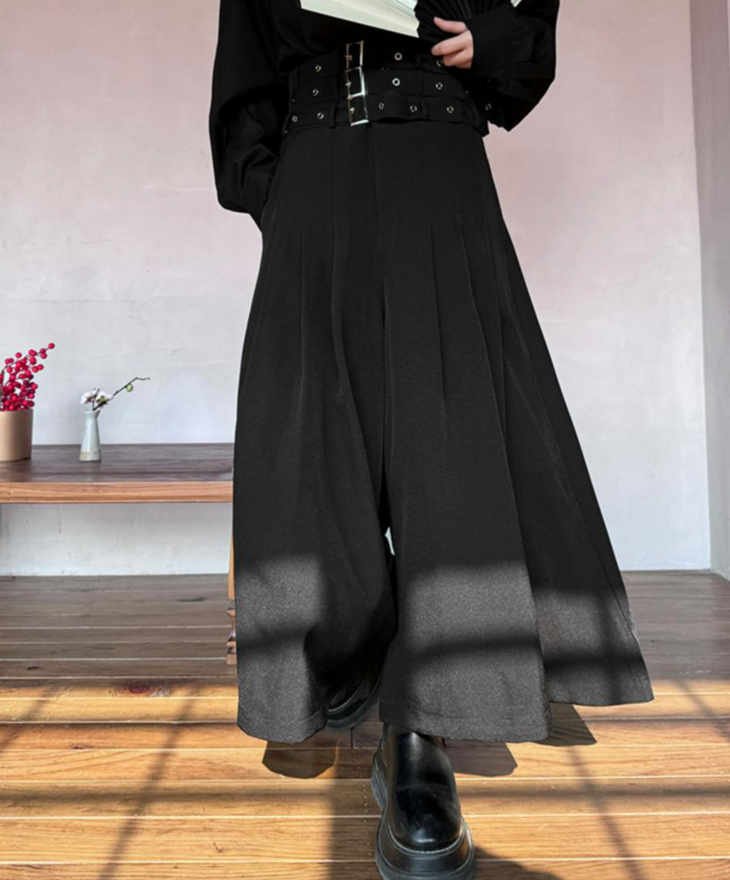 wide leg with three-stage belt long pants EN1526