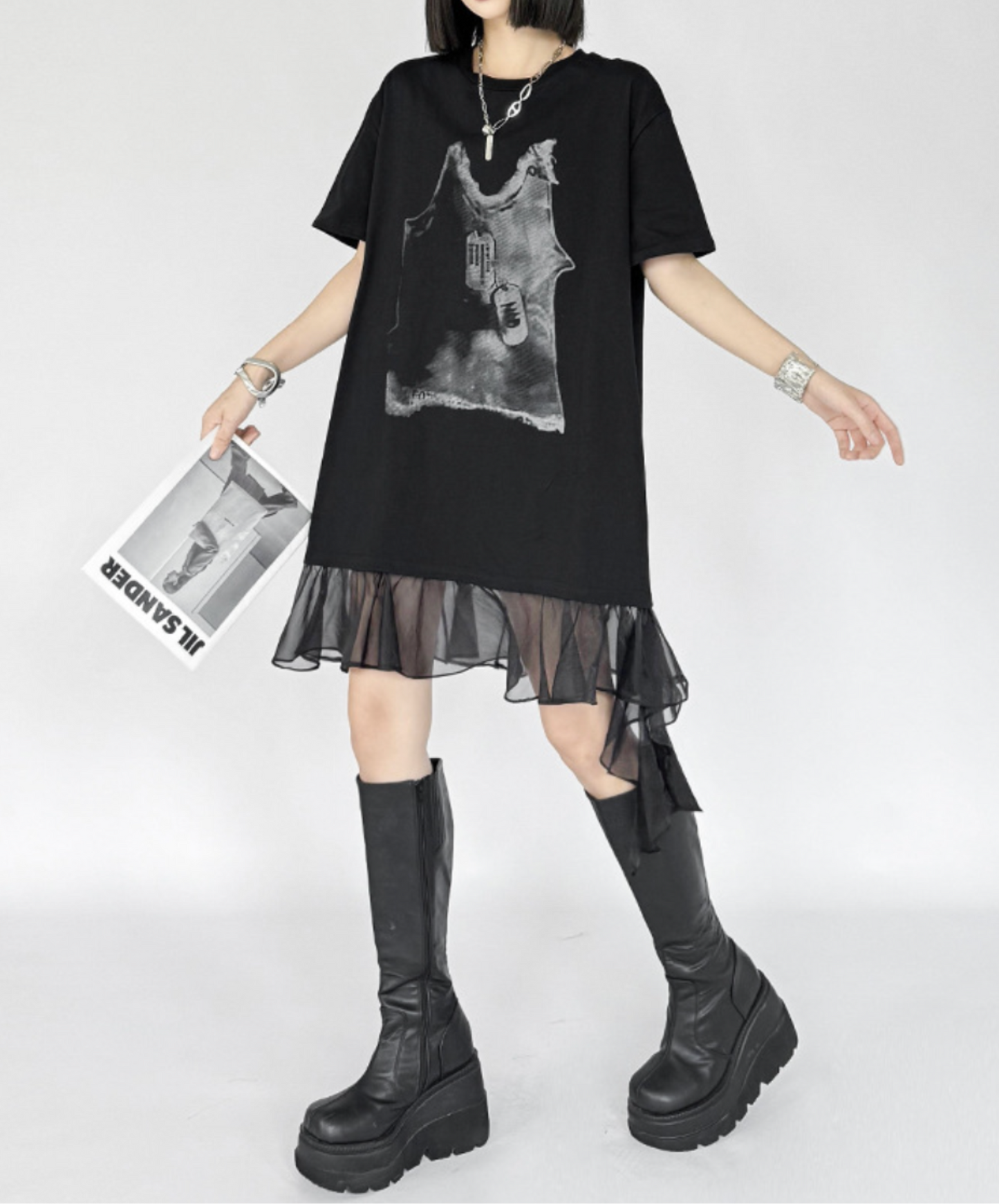 tulle ribbon print at hem t-shirt EN2307