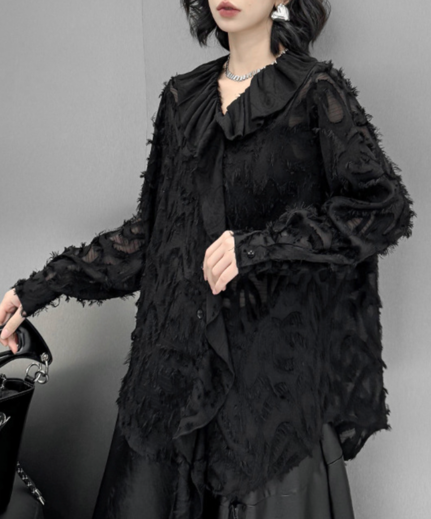 dark fringe lace & frills sheer shirt EN2318