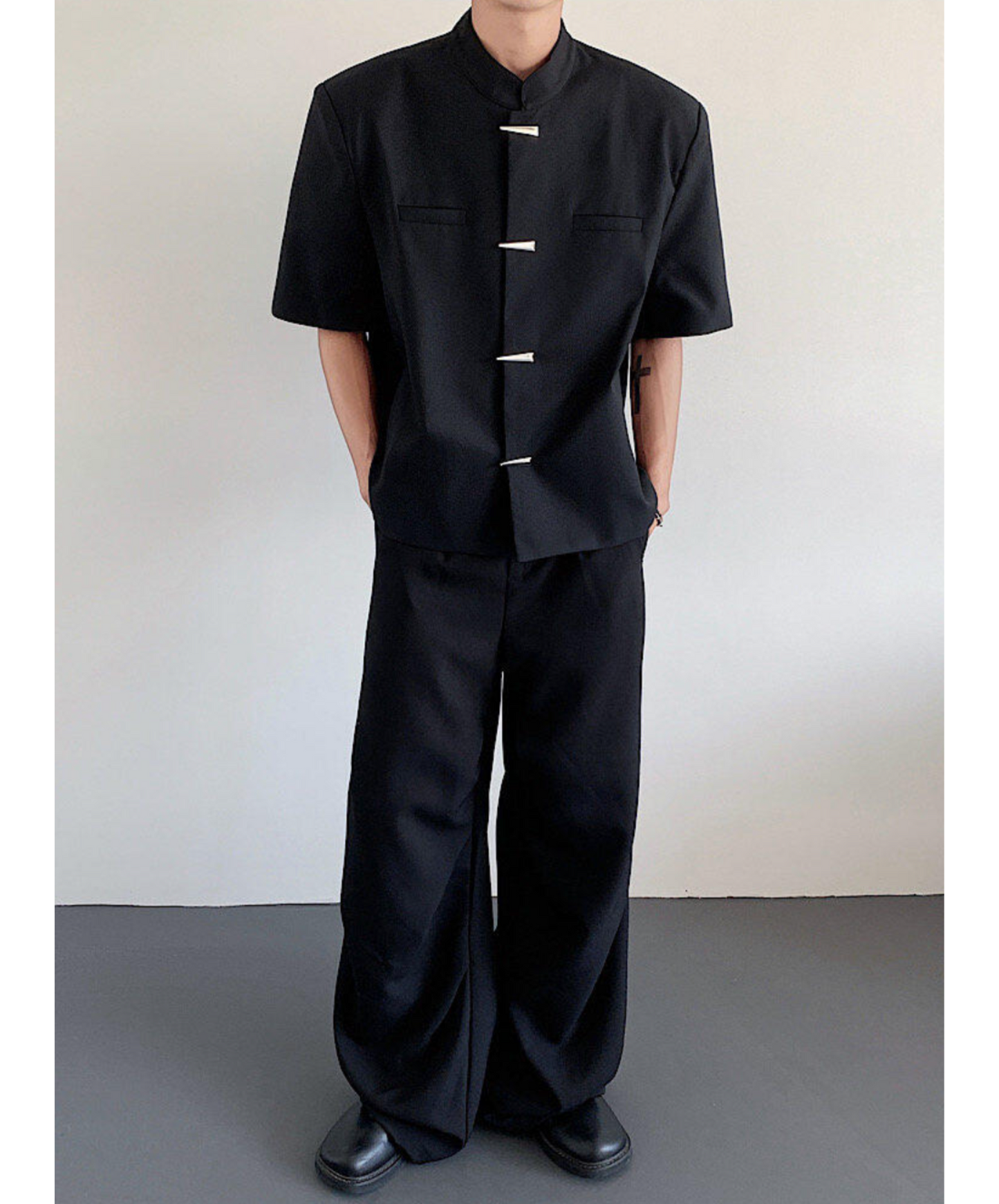 metal button chinese style stand collar shirt EN2100