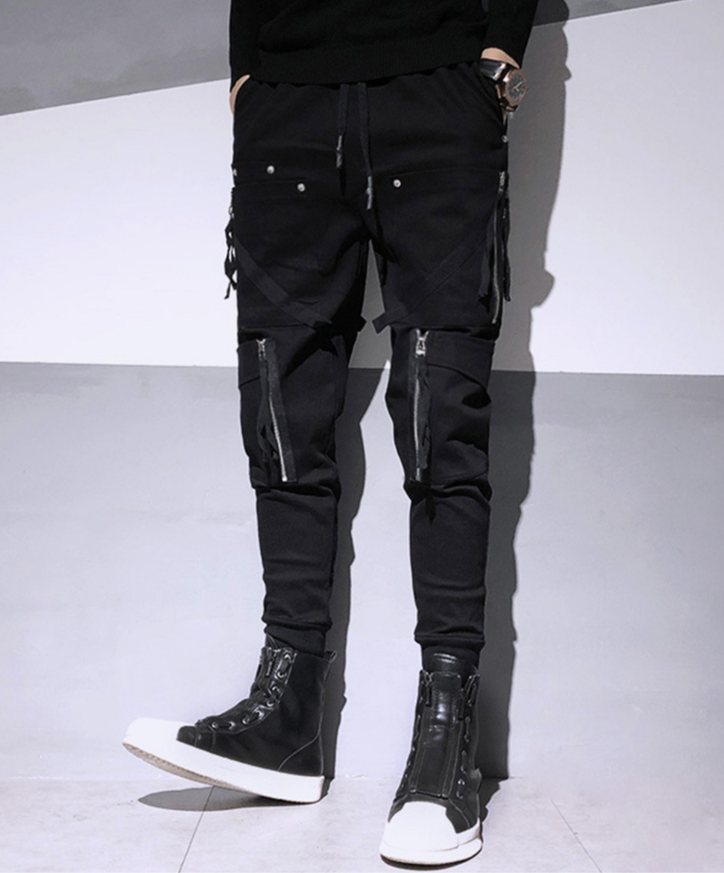 dark fringe x zipper x rivet decoration cargo pants EN2201