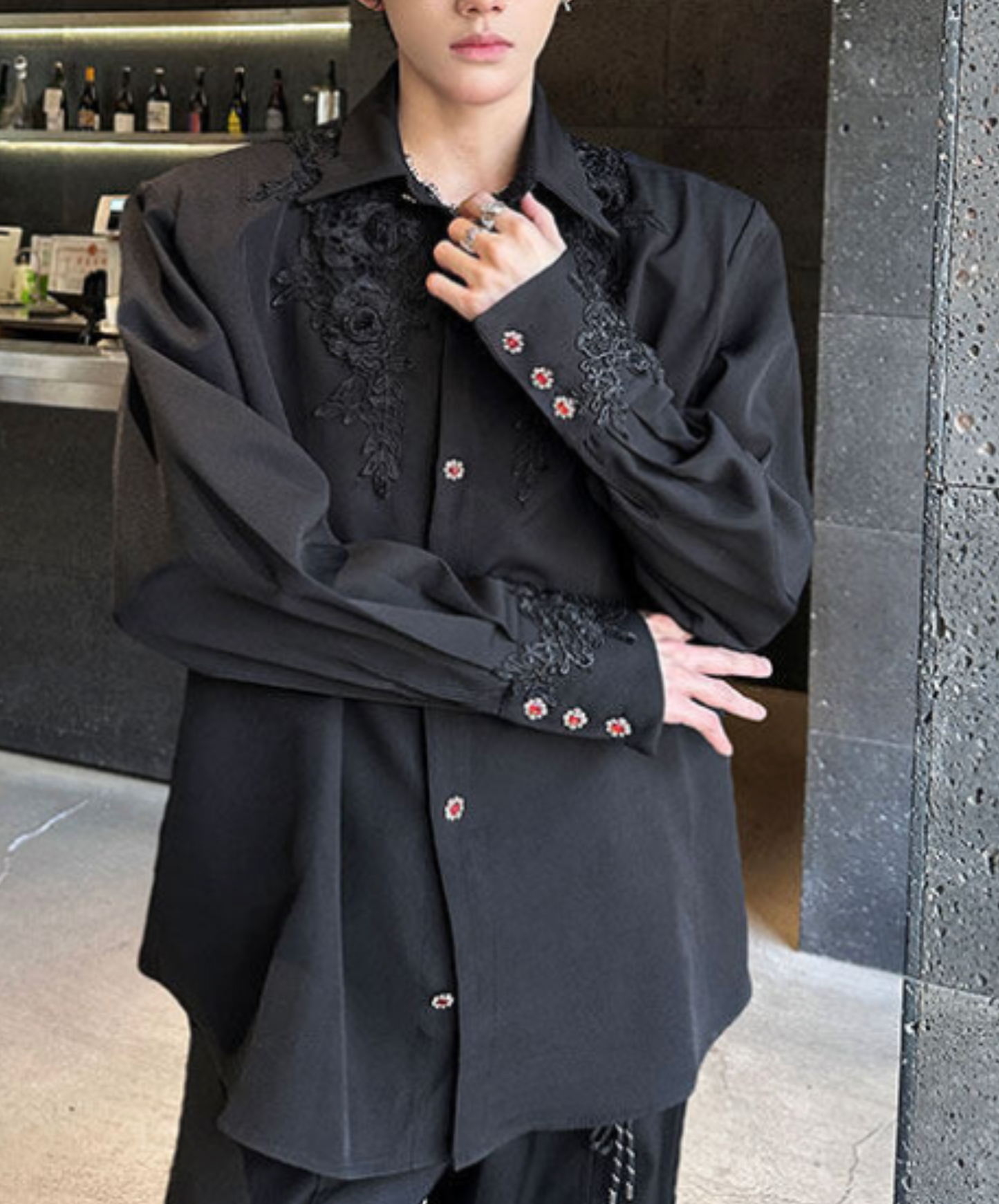 dark gorgeous 3d rose embroidery shirt EN2366