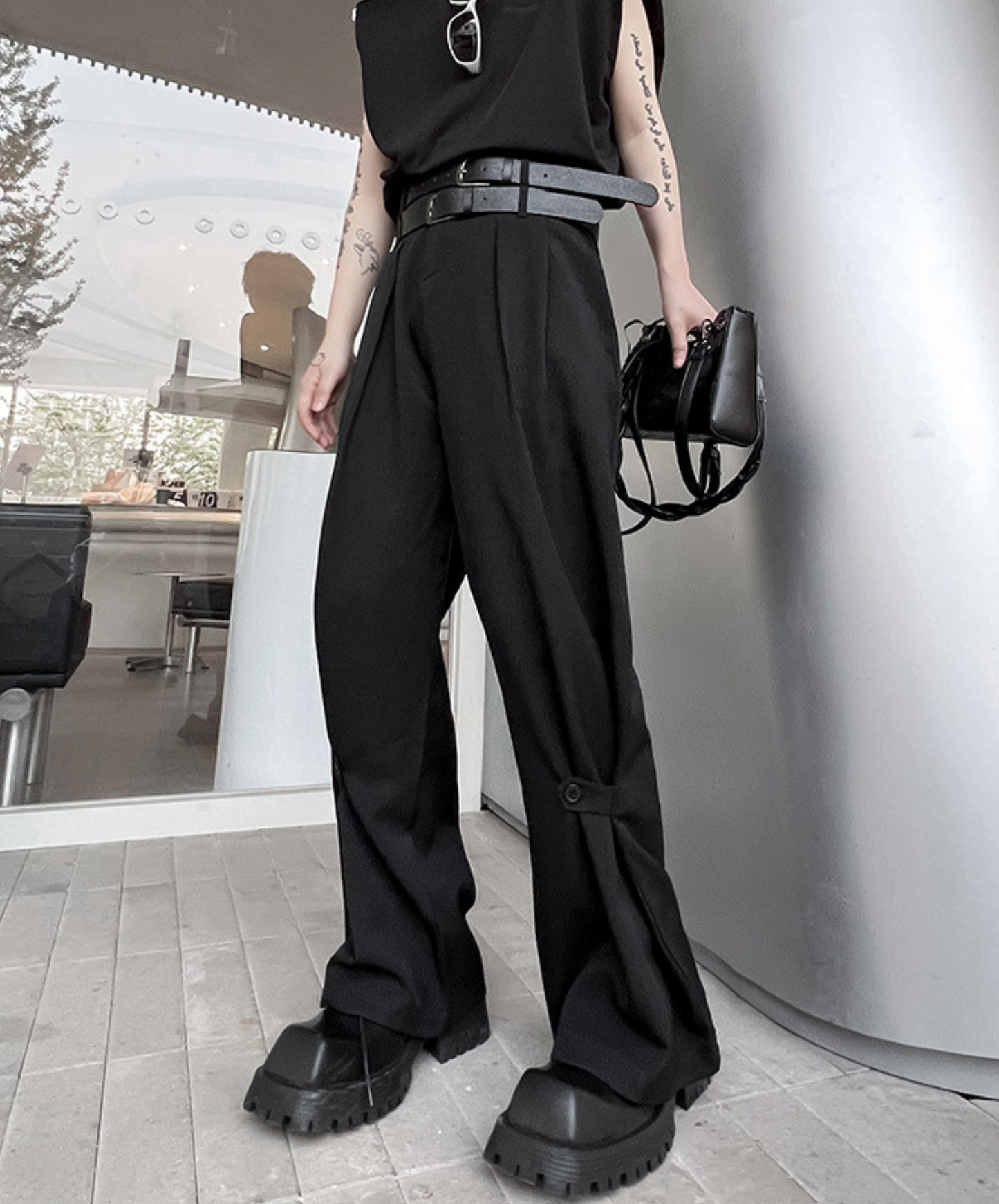 dark twin belt slacks pants EN977