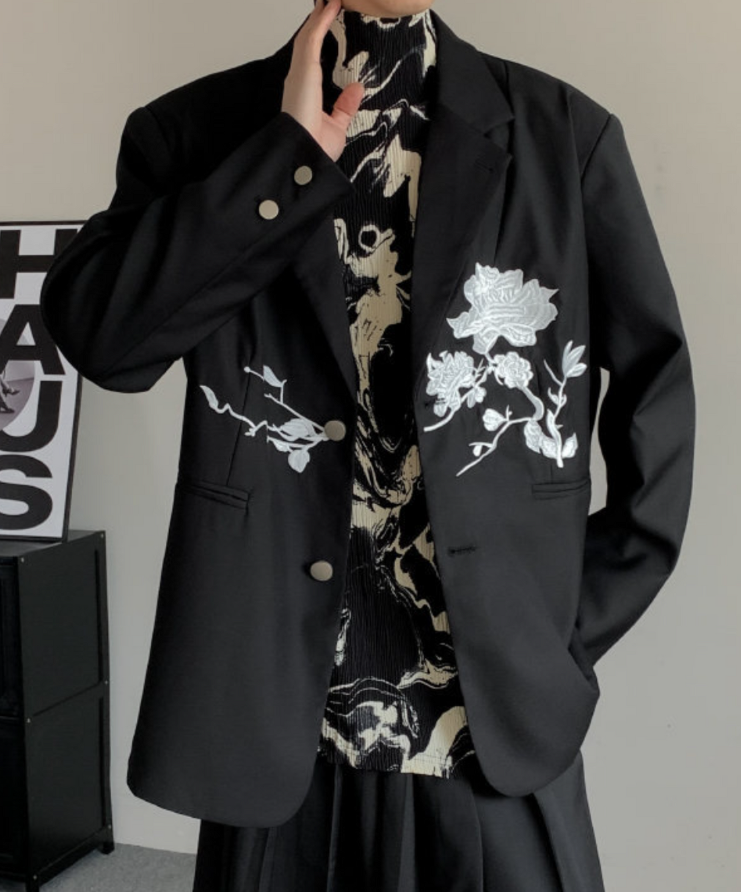 dark chinese style rose embroidery tailored jacket EN1535