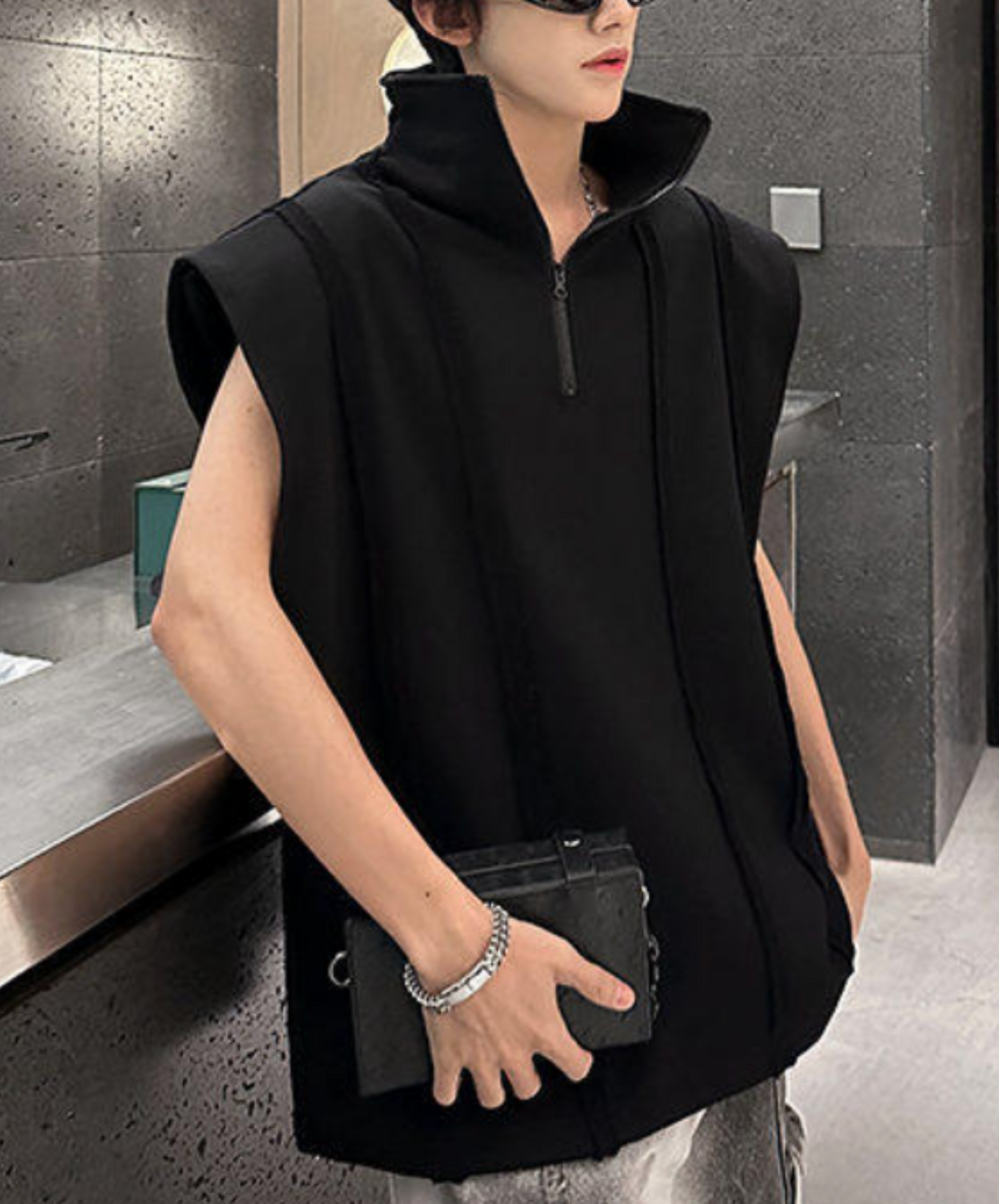 retro stripe half zip stand collar sleeveless shirt EN2193