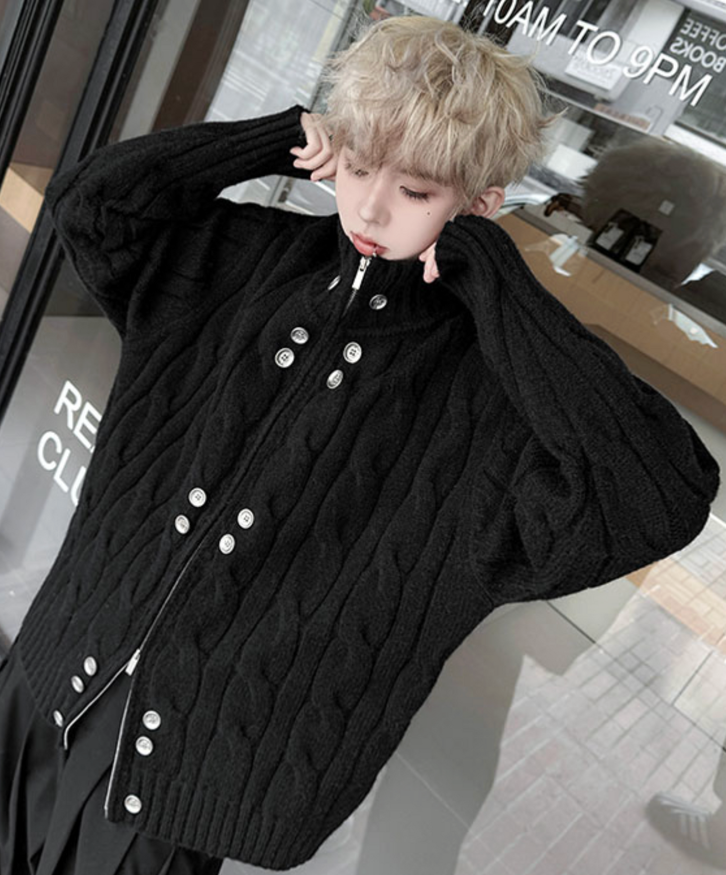 button design stand collar loose sweater EN2475