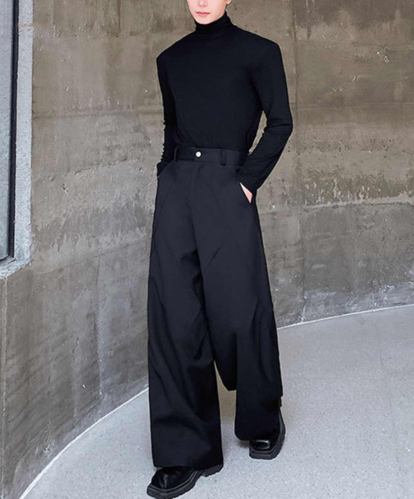 pleated stitch design straight wide pants EN1402