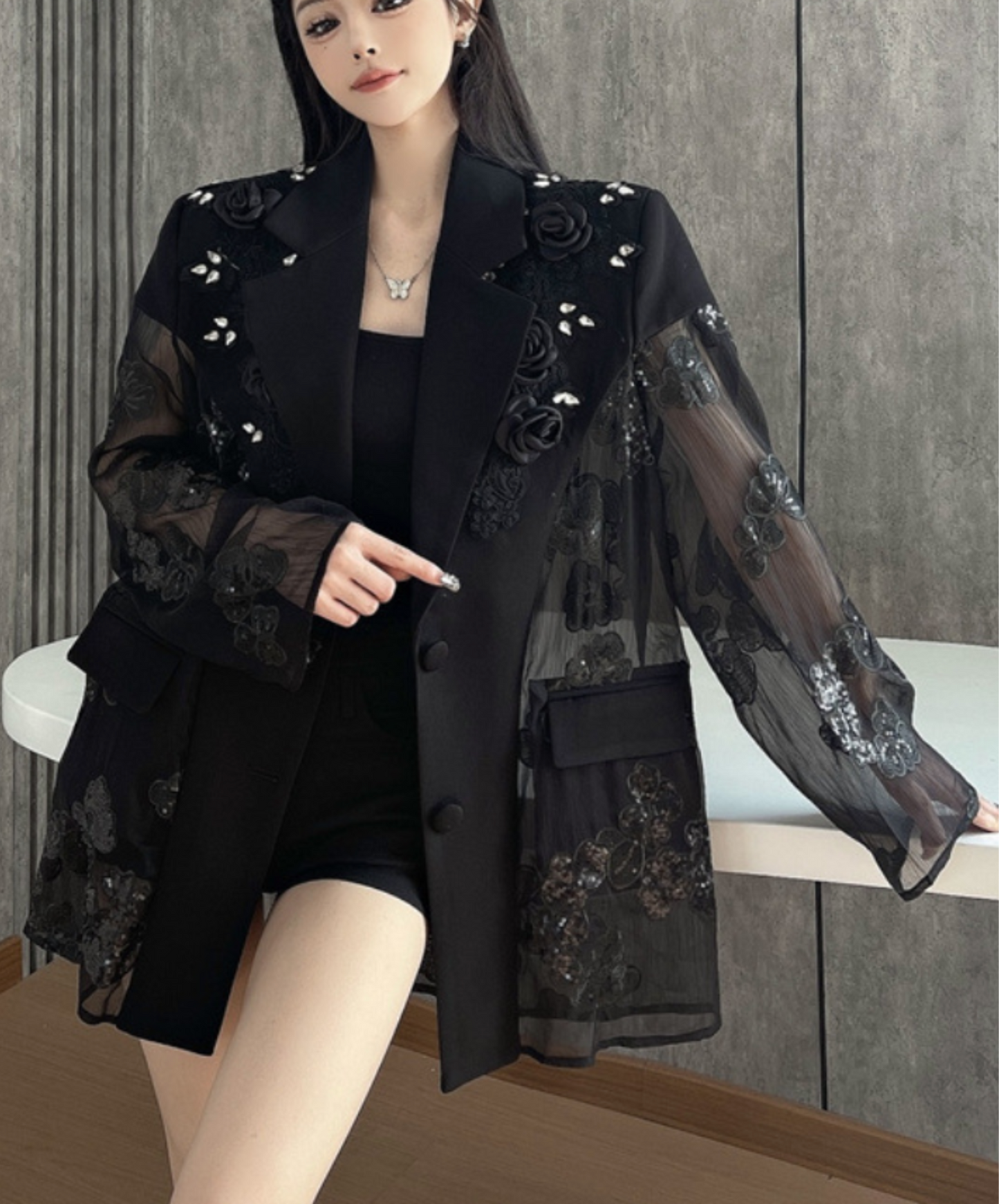 diamond embroidery flower stitch jacket EN2226