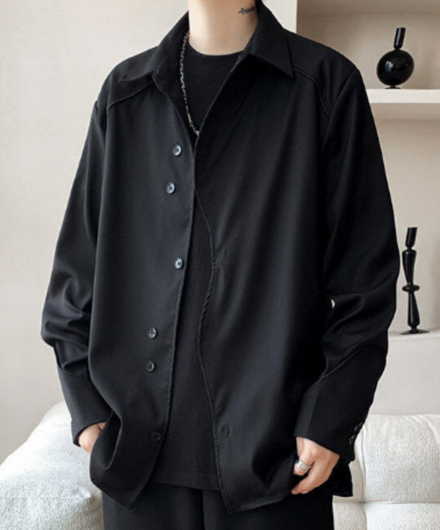 wave-shaped placket special button arrangement shirt EN1983