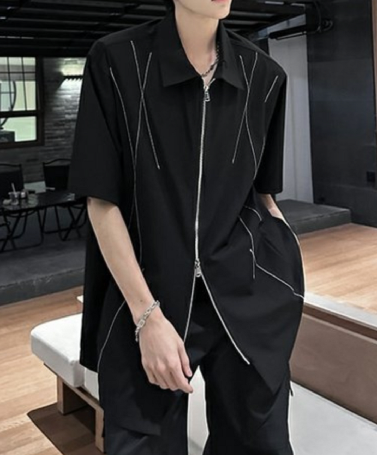 dark white line double zipper shirt EN2078