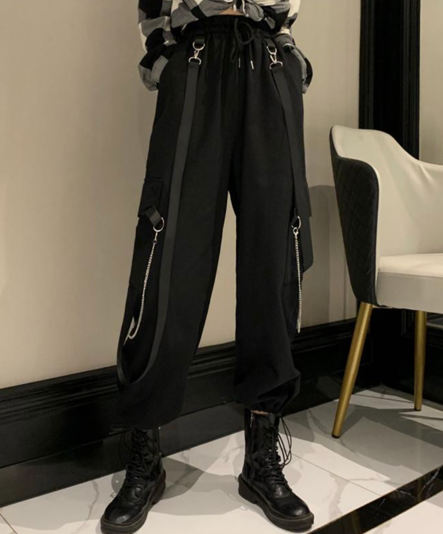 long belt and silver chain cargo pants EN2040