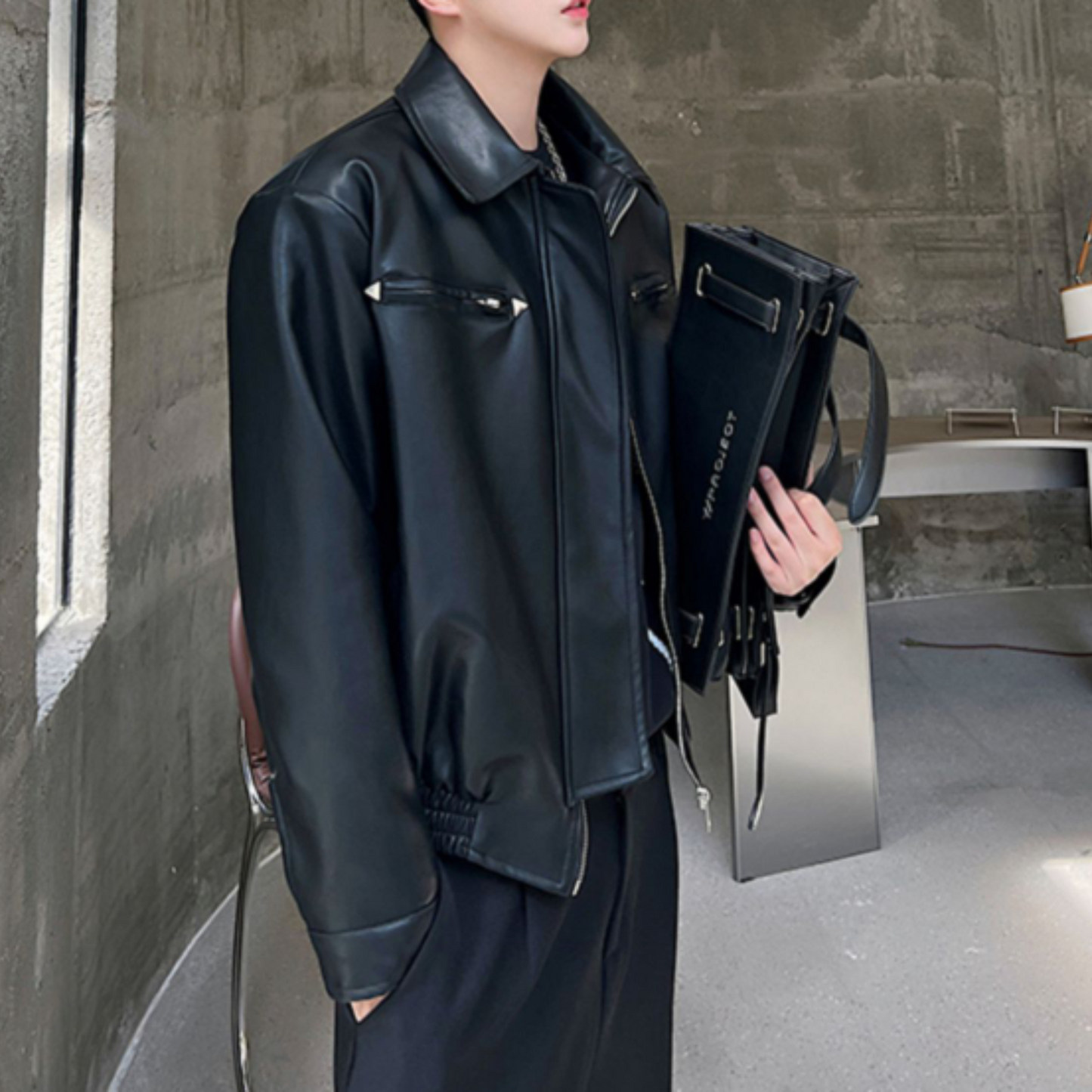 zip up black leather jacket EN343