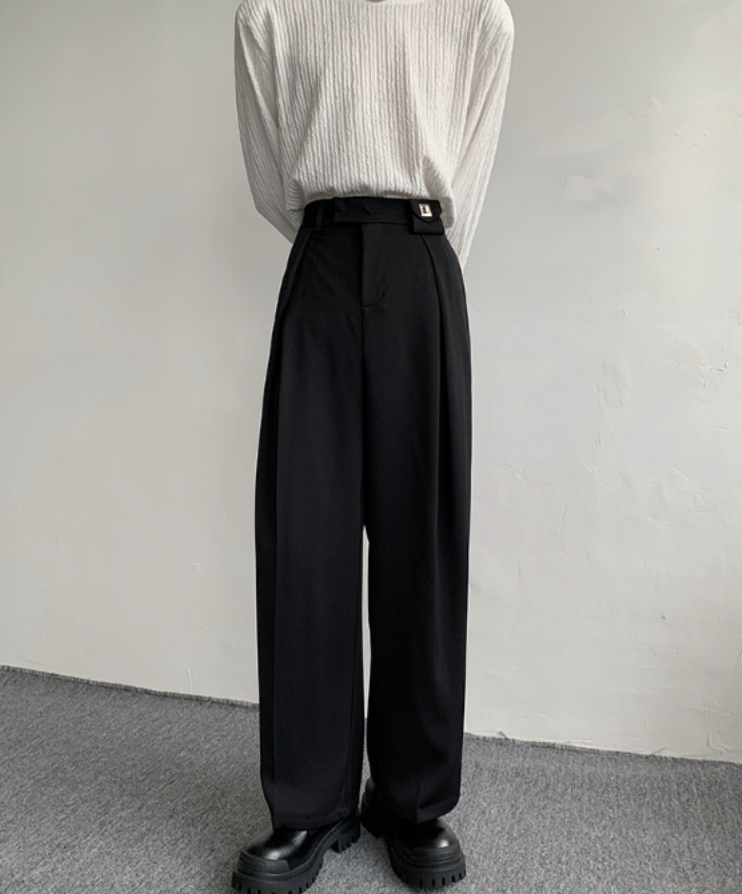dark metal buckle wide slacks pants EN772