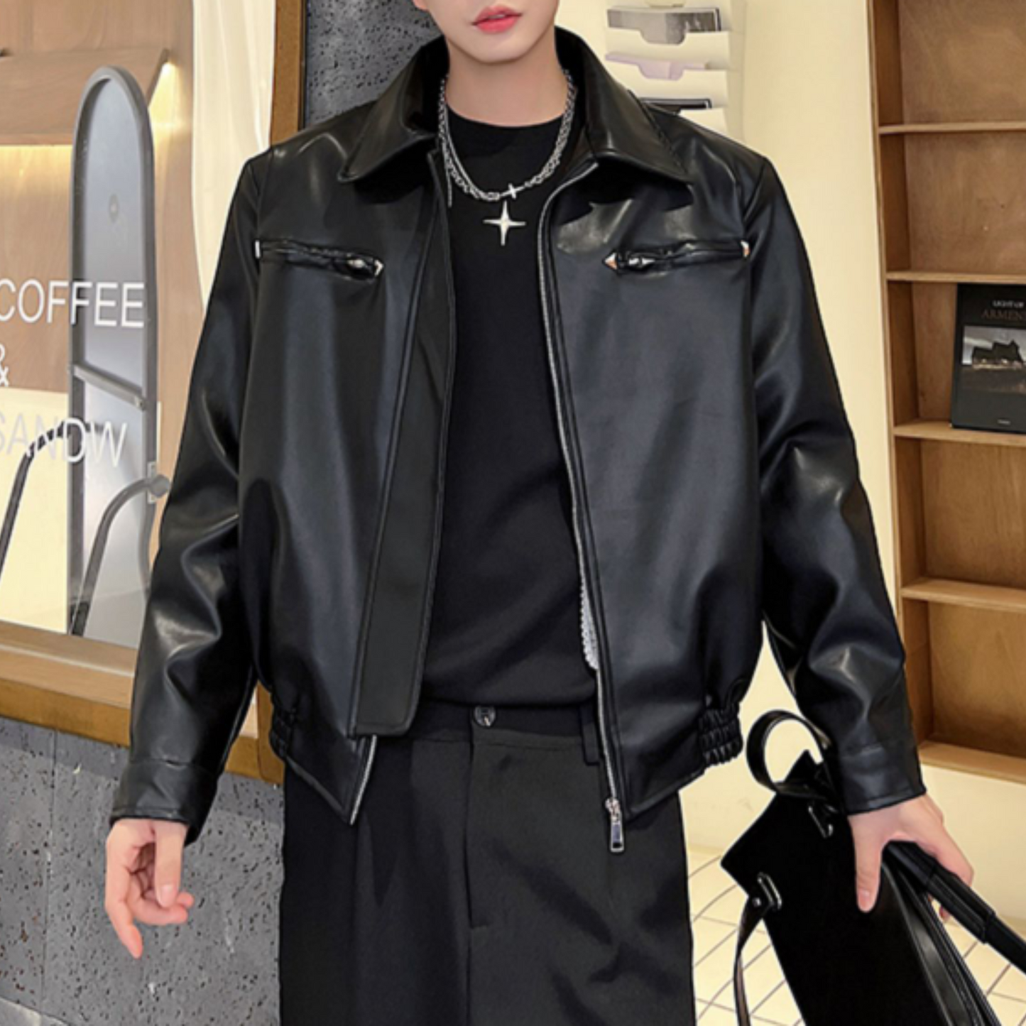 zip up black leather jacket EN343