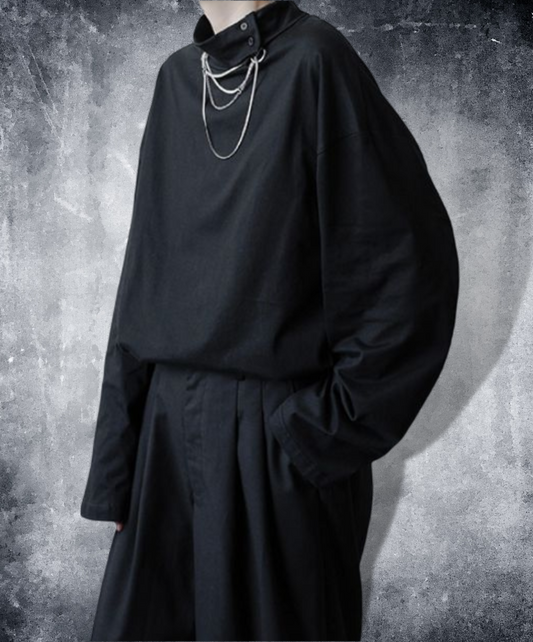 dark high neck button long t-shirt EN693