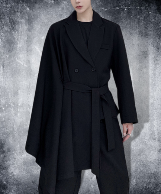 dark asymmetric double breasted belt jacket EN742