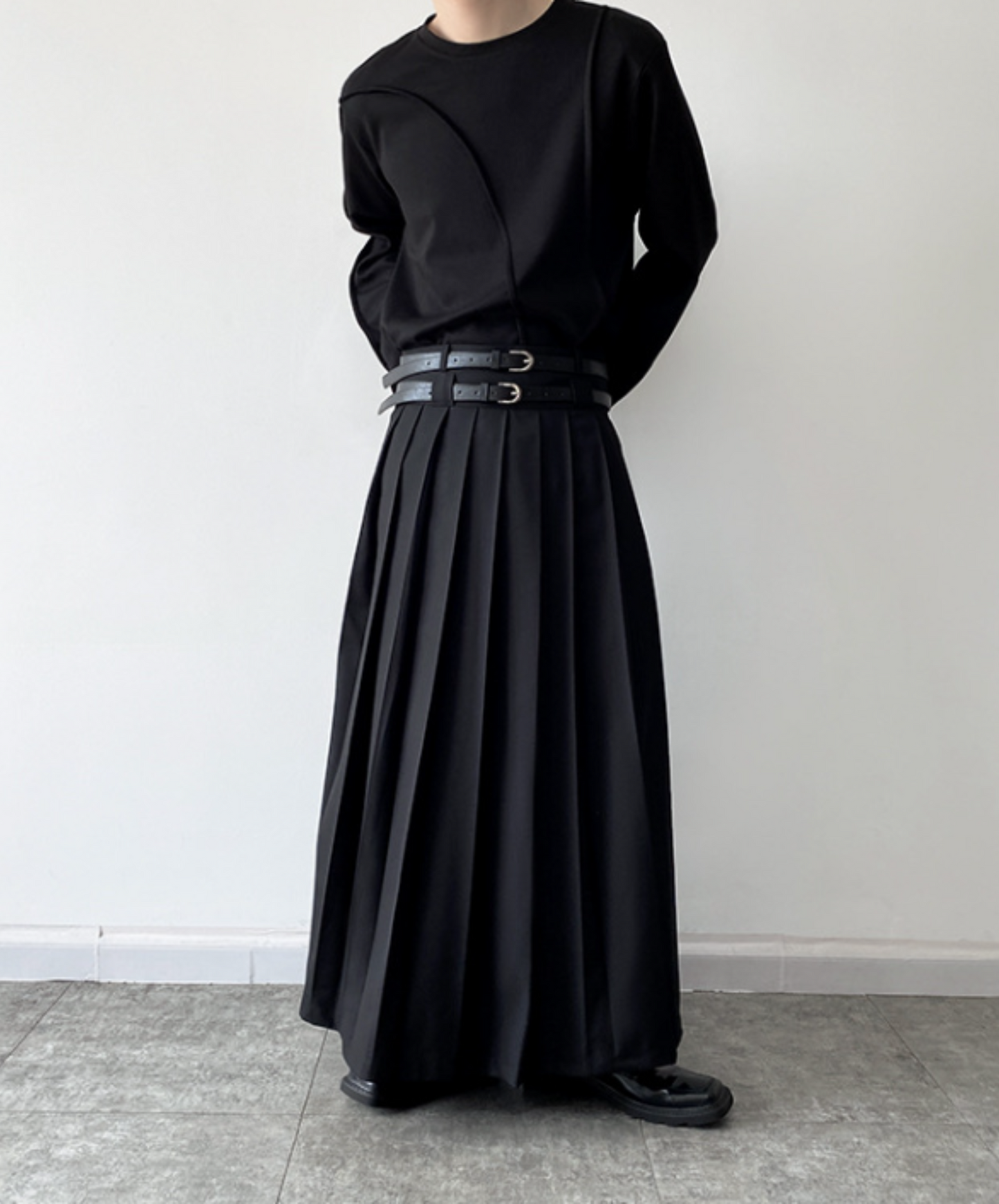 twin belt full length pleated skirt EN624