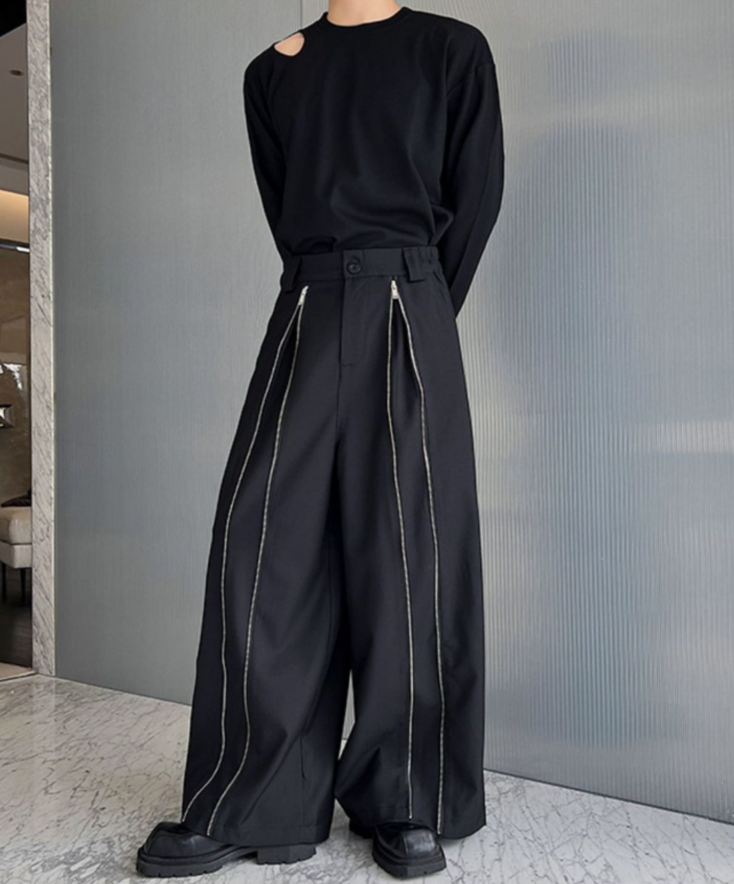 zip flare wide pants EN566