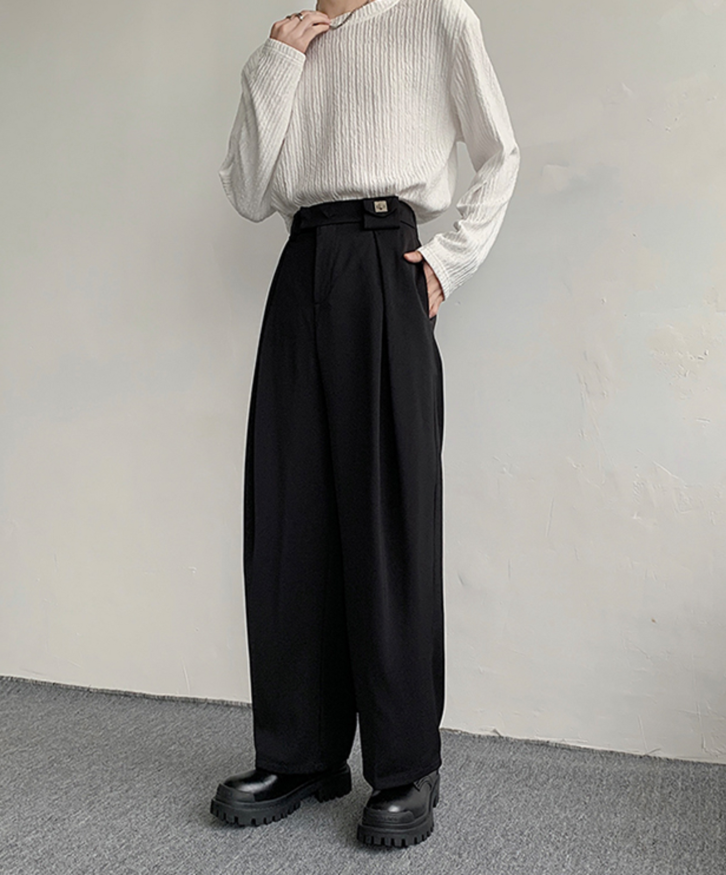 dark metal buckle wide slacks pants EN772