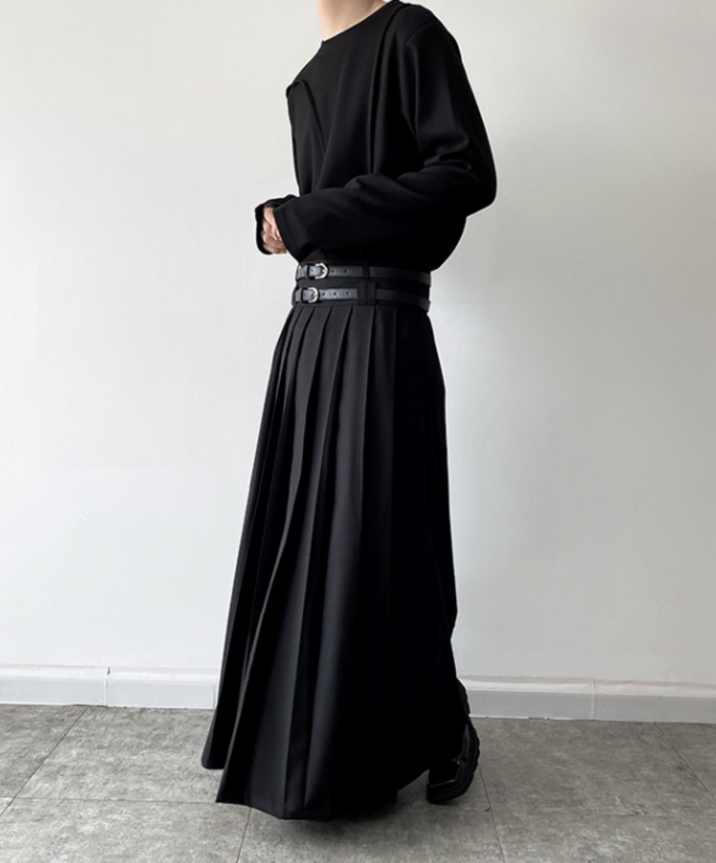 twin belt full length pleated skirt EN624