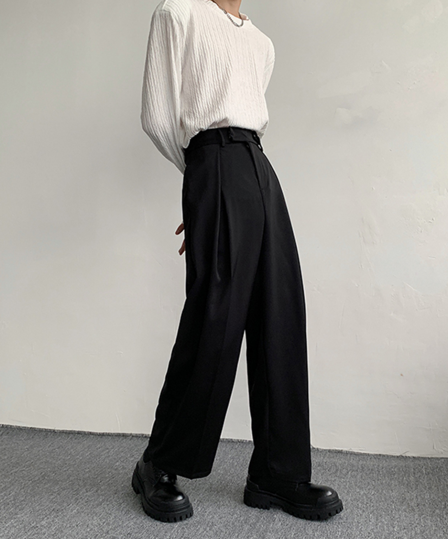 dark metal buckle wide slacks pants EN772