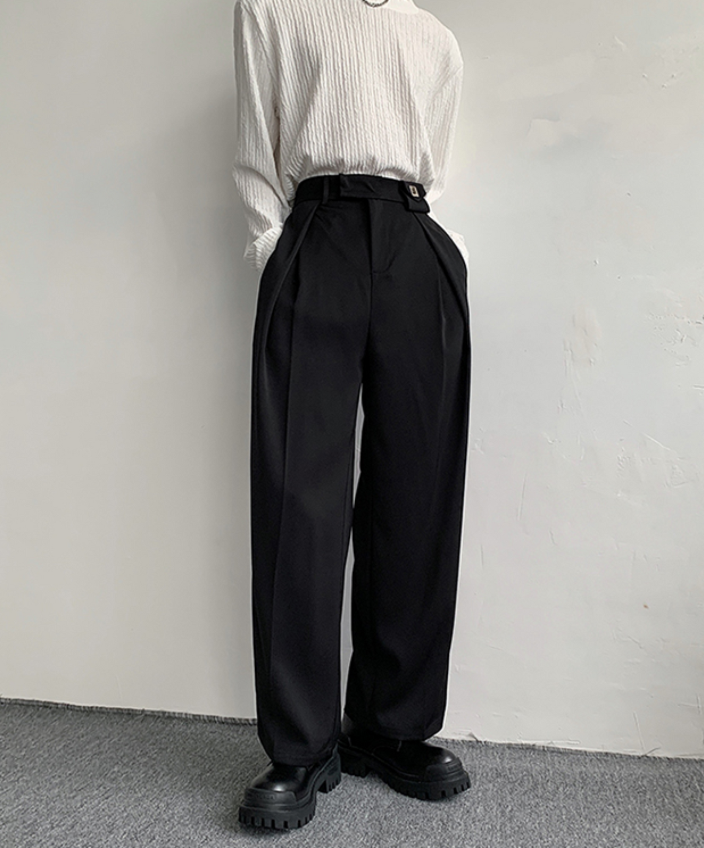 dark metal buckle wide slacks pants EN772