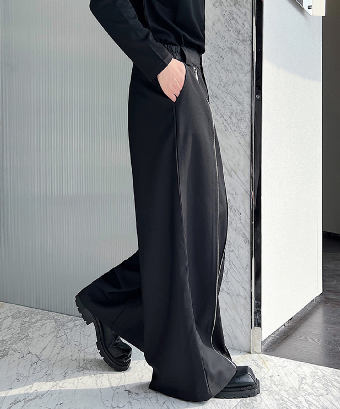 zip flare wide pants EN566