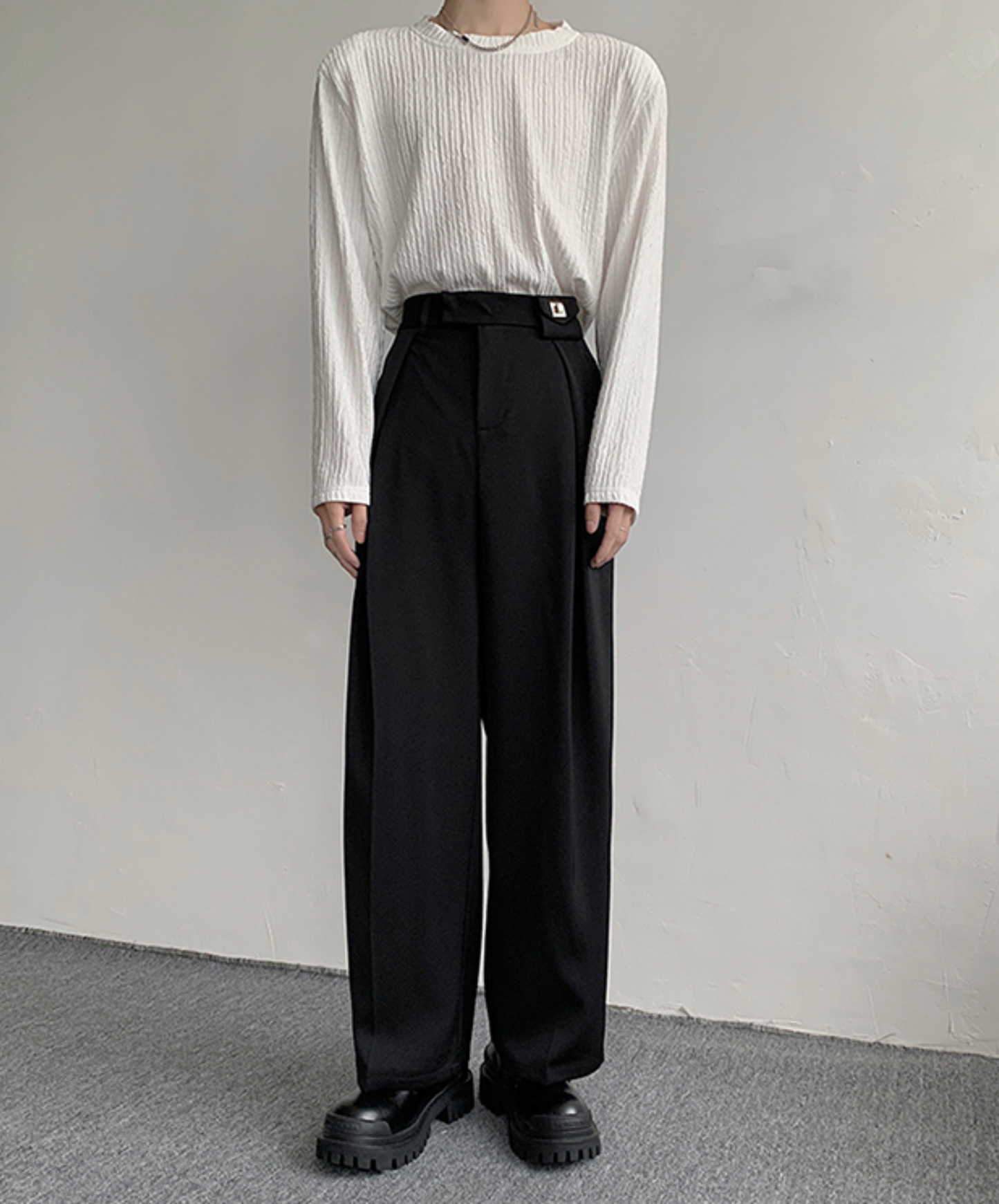 dark metal buckle wide slacks pants EN772