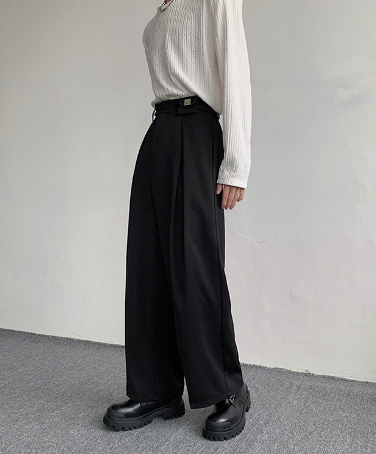 dark metal buckle wide slacks pants EN772