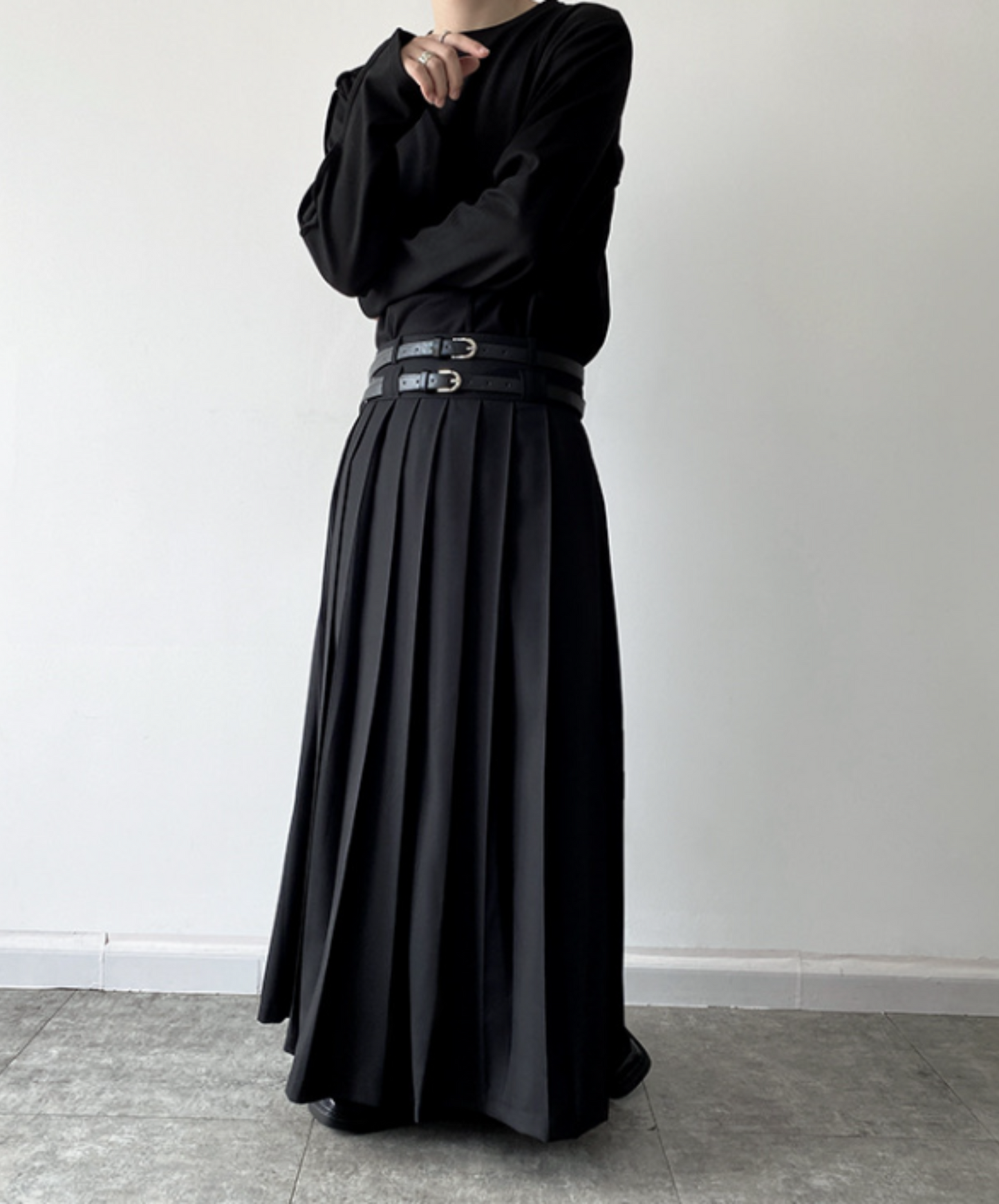 twin belt full length pleated skirt EN624