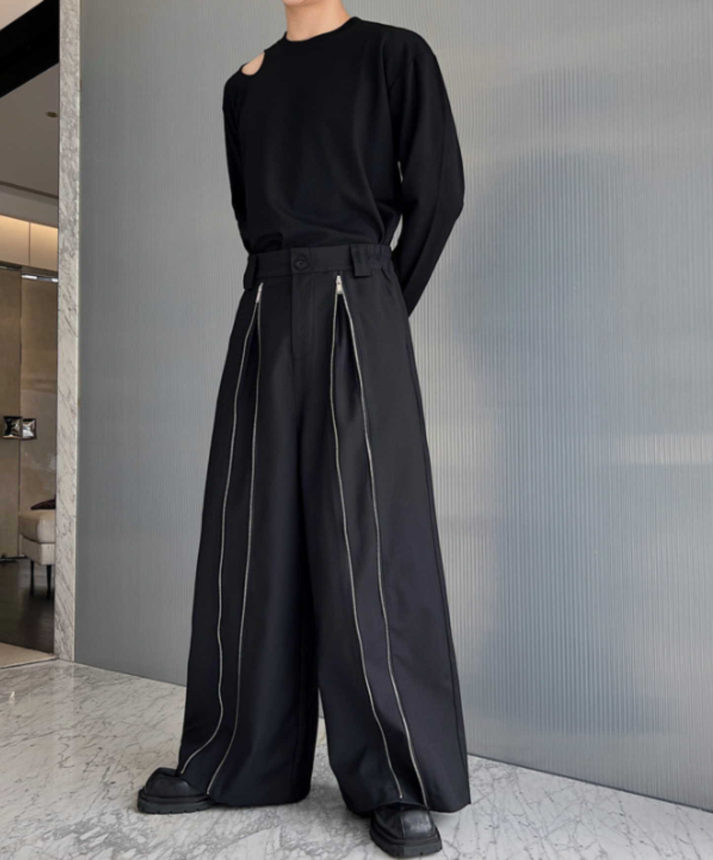 zip flare wide pants EN566