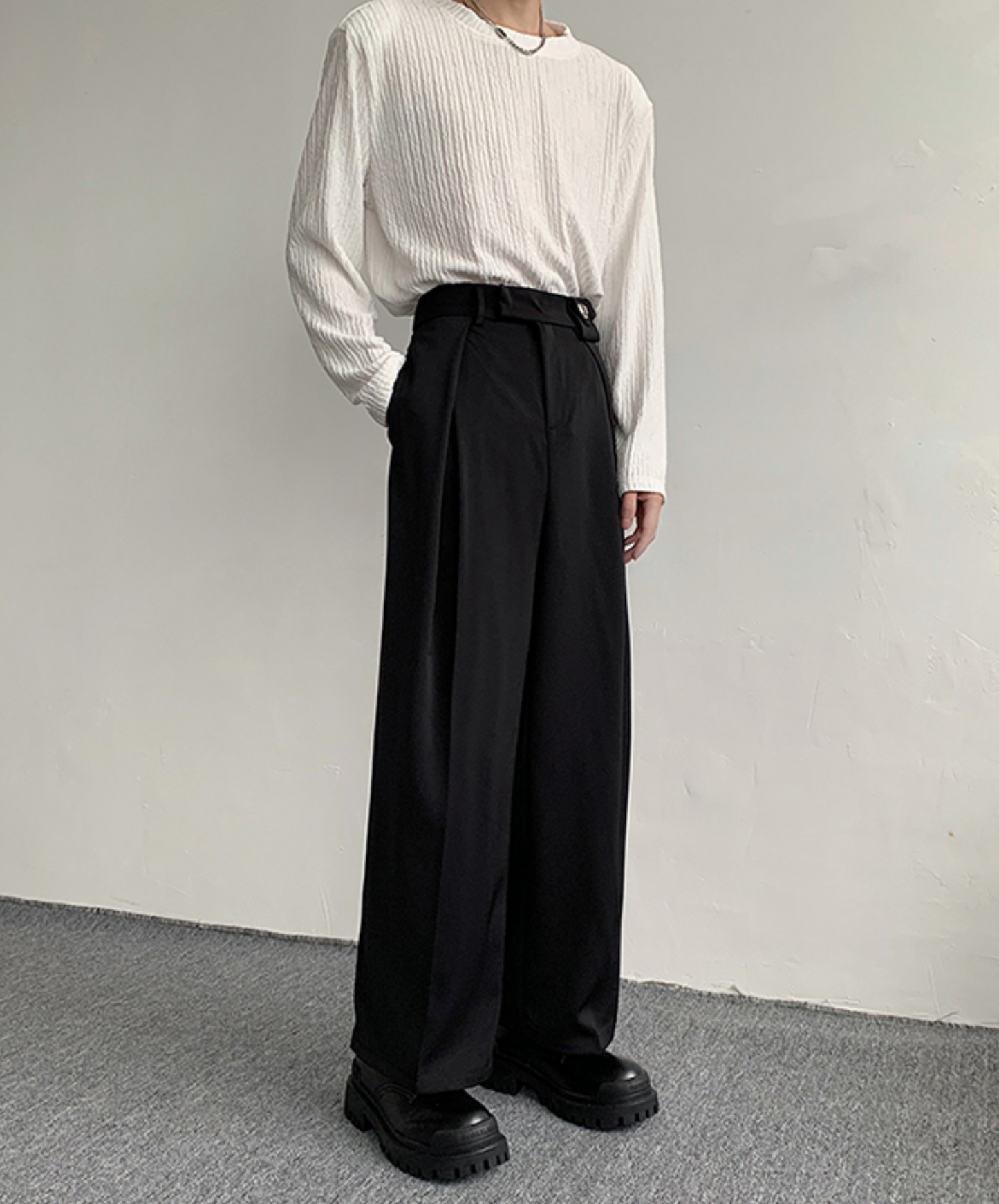 dark metal buckle wide slacks pants EN772