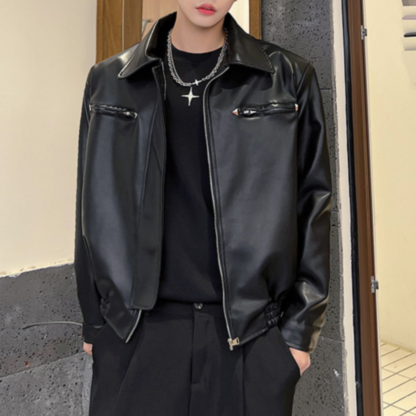 zip up black leather jacket EN343