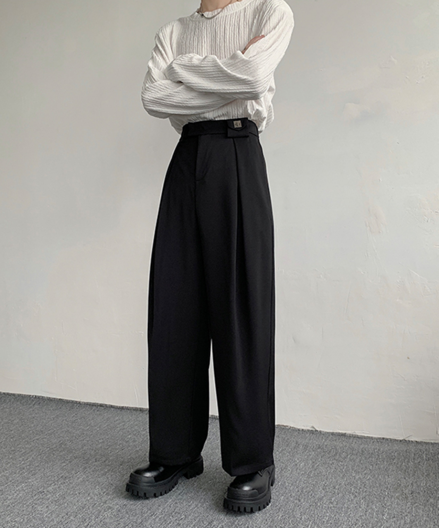 dark metal buckle wide slacks pants EN772