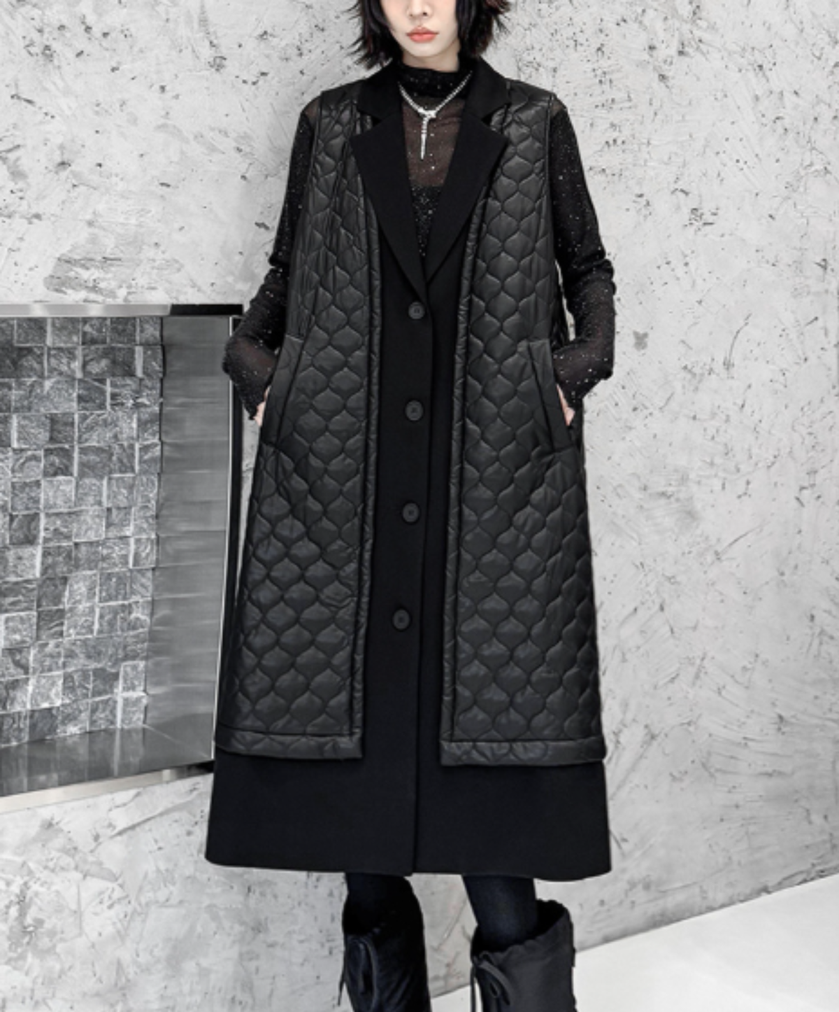 quilted-pattern lapel panel vest  EN3200