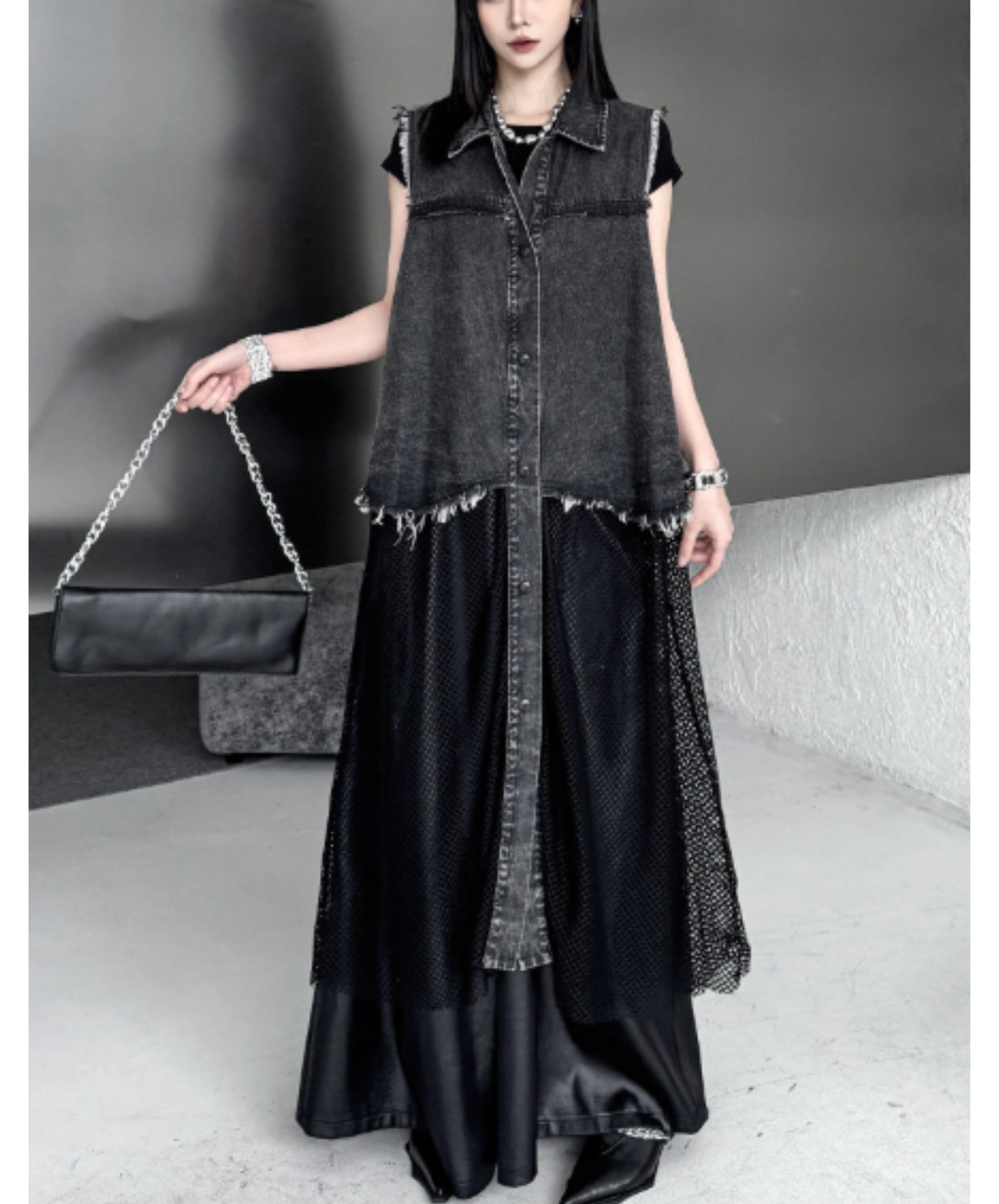 denim patchwork mesh long shirt EN3047