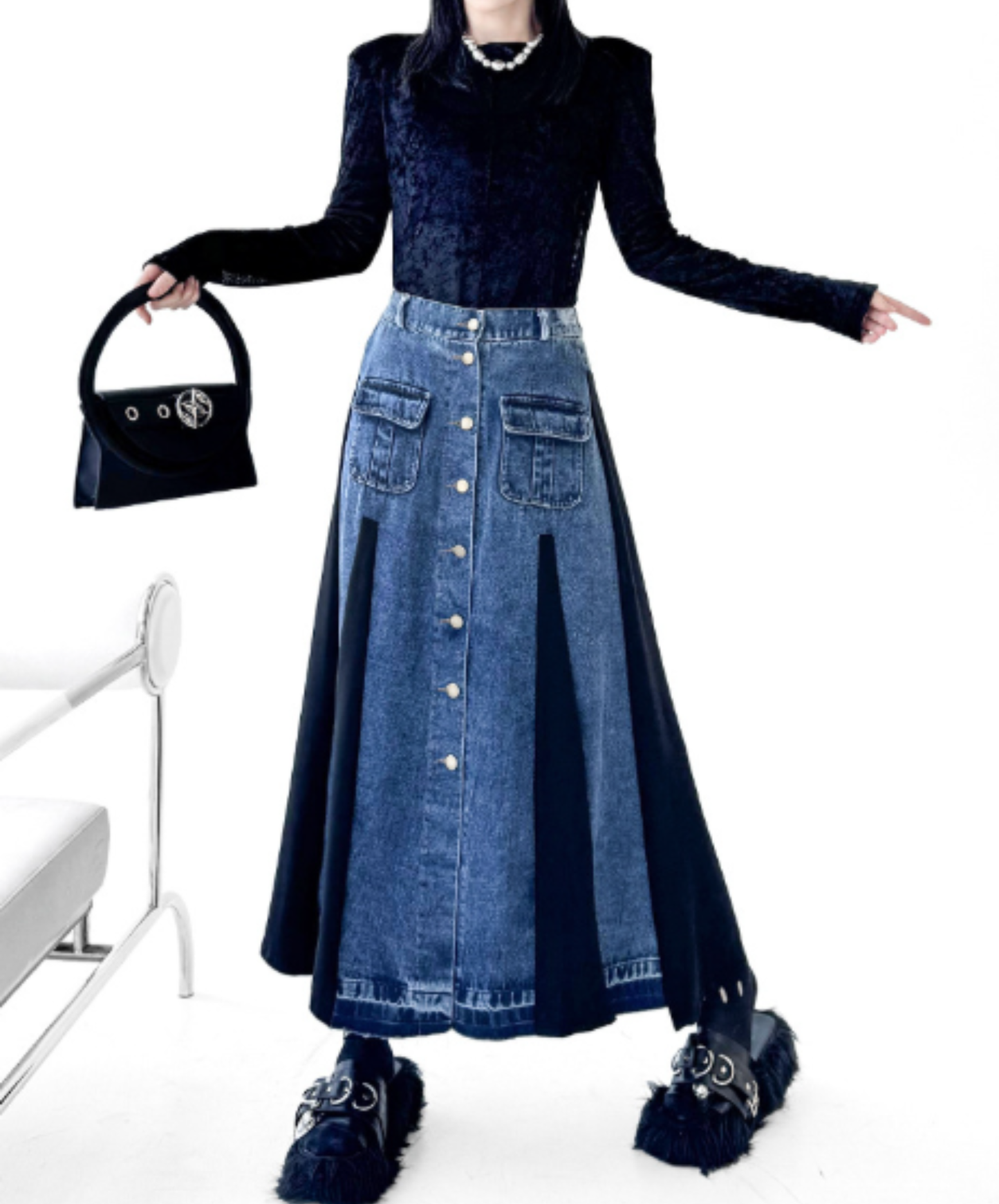 a-line denim patchwork piece skirt EN3113